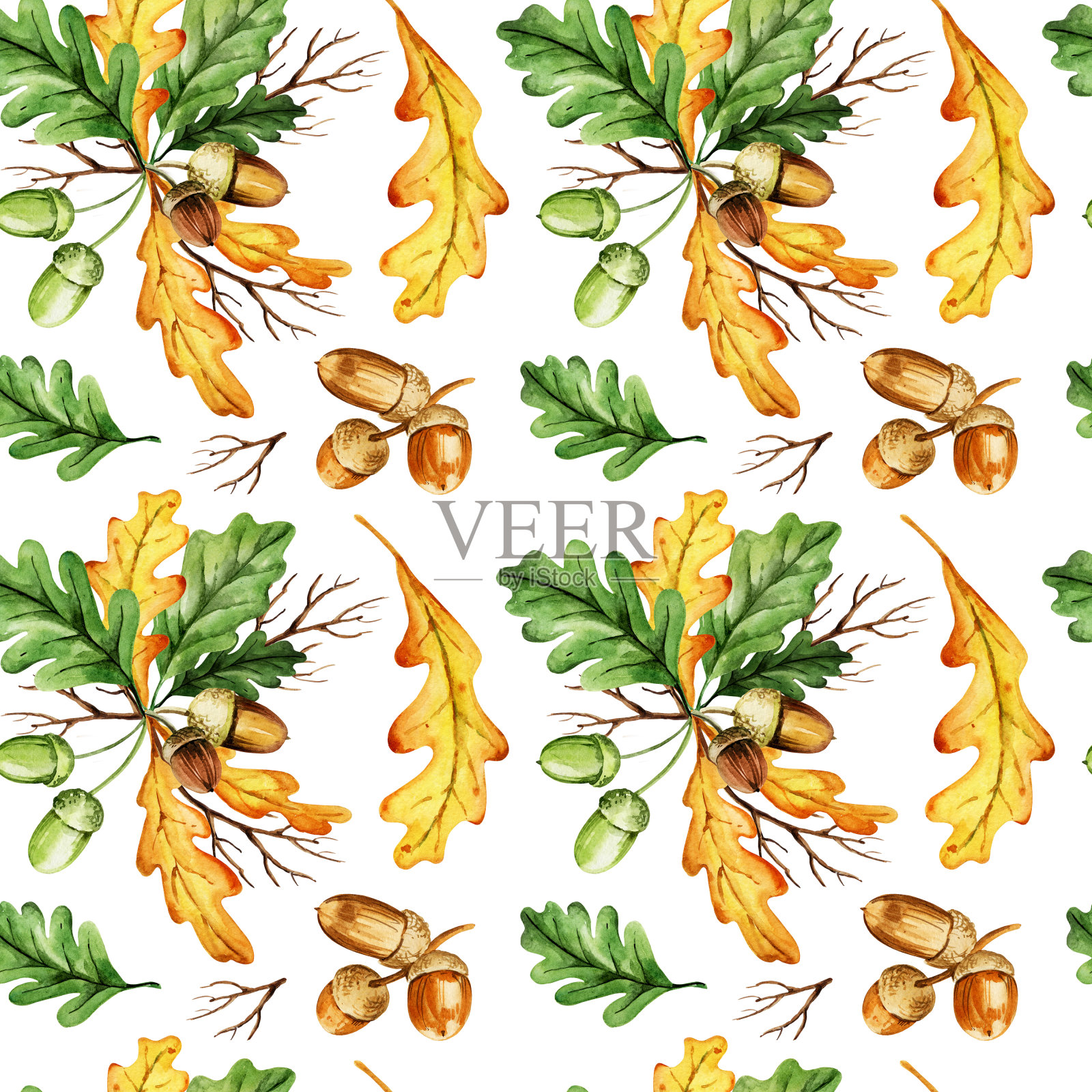 无缝手绘水彩图案与橡树叶和橡子在黑色的背景，黄色和橙色，秋天的叶子。理想的布料，包装纸，秋季卡片插画图片素材