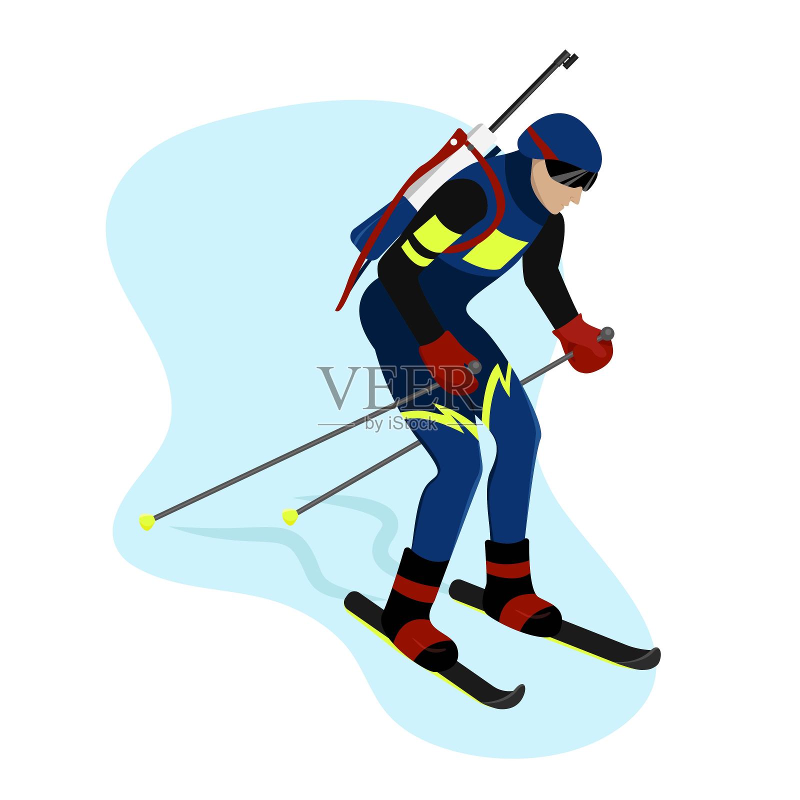 滑雪运动员在齿轮去滑雪和帮助自己的棍子，冬季运动，矢量字符在平坦的风格。插画图片素材