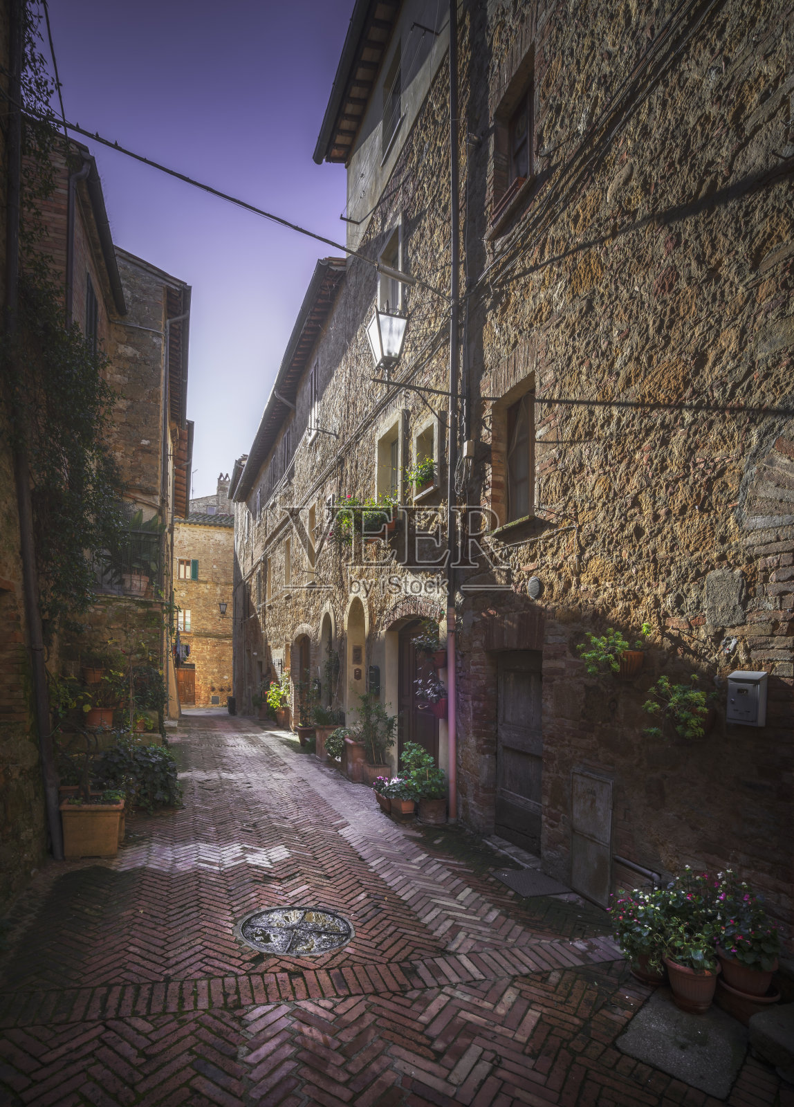 皮恩扎古城，风景如画的街道。意大利托斯卡纳照片摄影图片