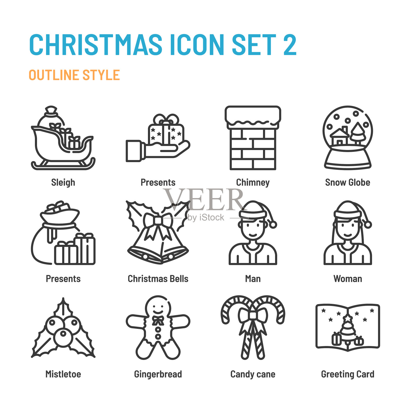圣诞节在大纲图标和象征集图标素材