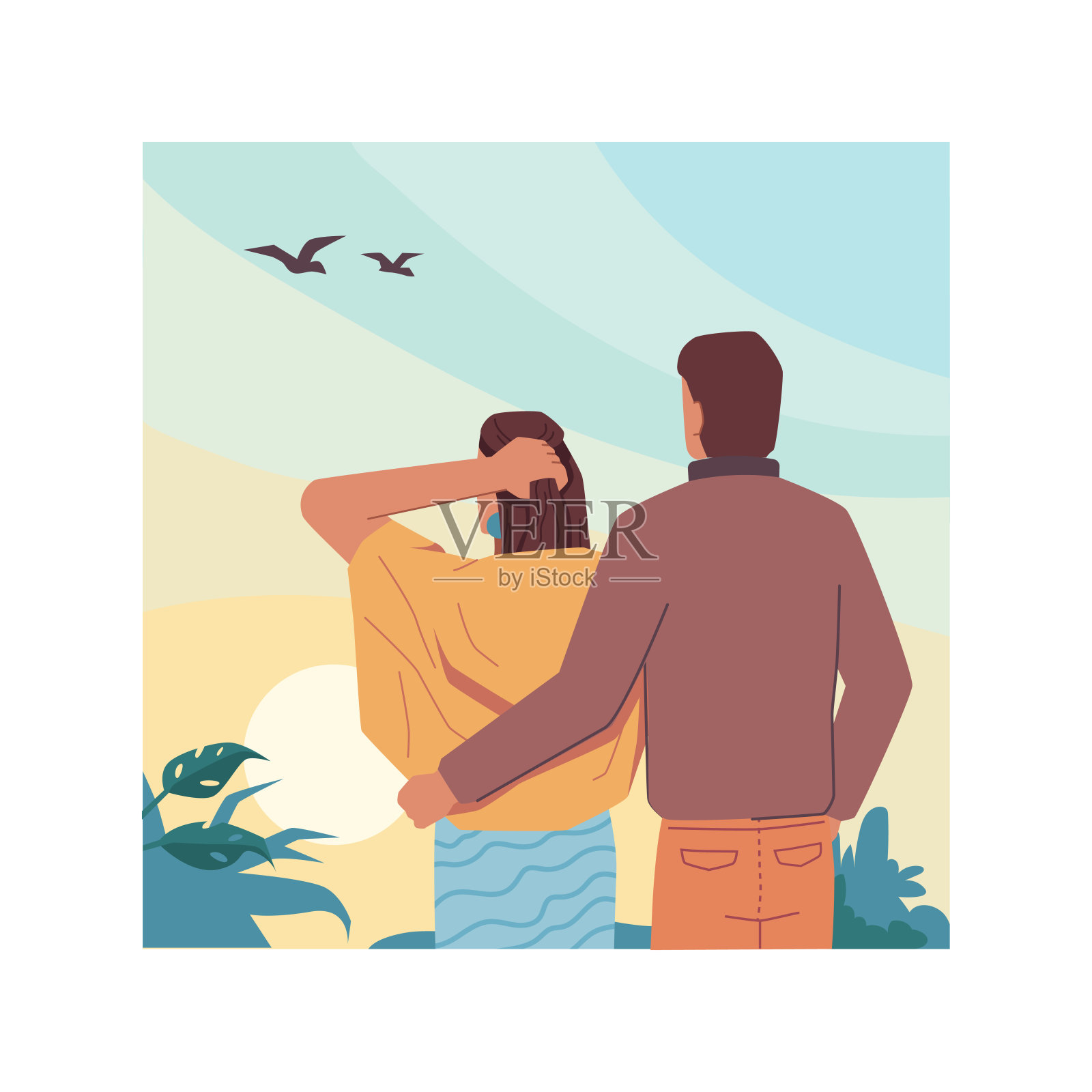 拥抱的夫妇在天空景观背景，后视图。游客在云中望着飞鸟向量。矢男女在自然上相爱，梦想和休息在一起，平面卡通插画图片素材