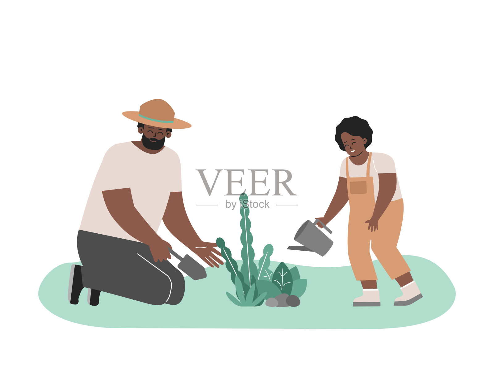 矢量平面插图。非裔美国人父亲用铲子种花，微笑的小孩在花园里浇水。爸爸喜欢和儿子在一起设计元素图片