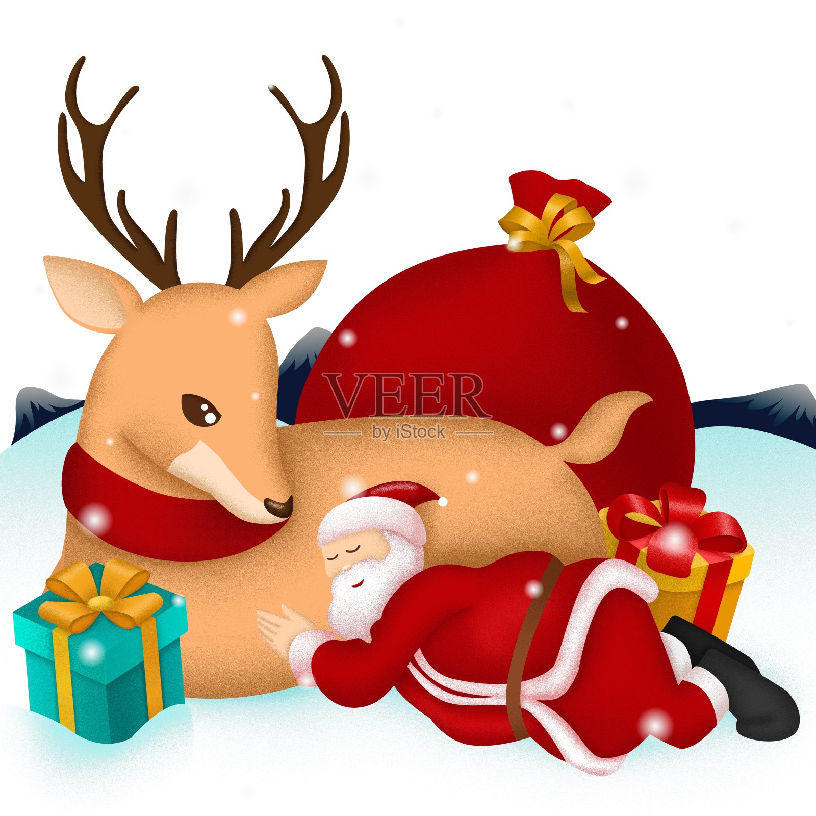 原创圣诞节靠着麋鹿睡觉的圣诞老人设计元素图片