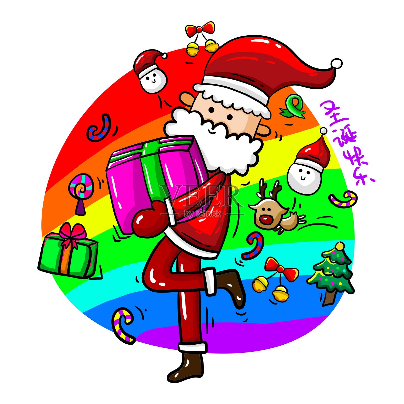 手绘圣诞老人抱着礼物元素设计元素图片