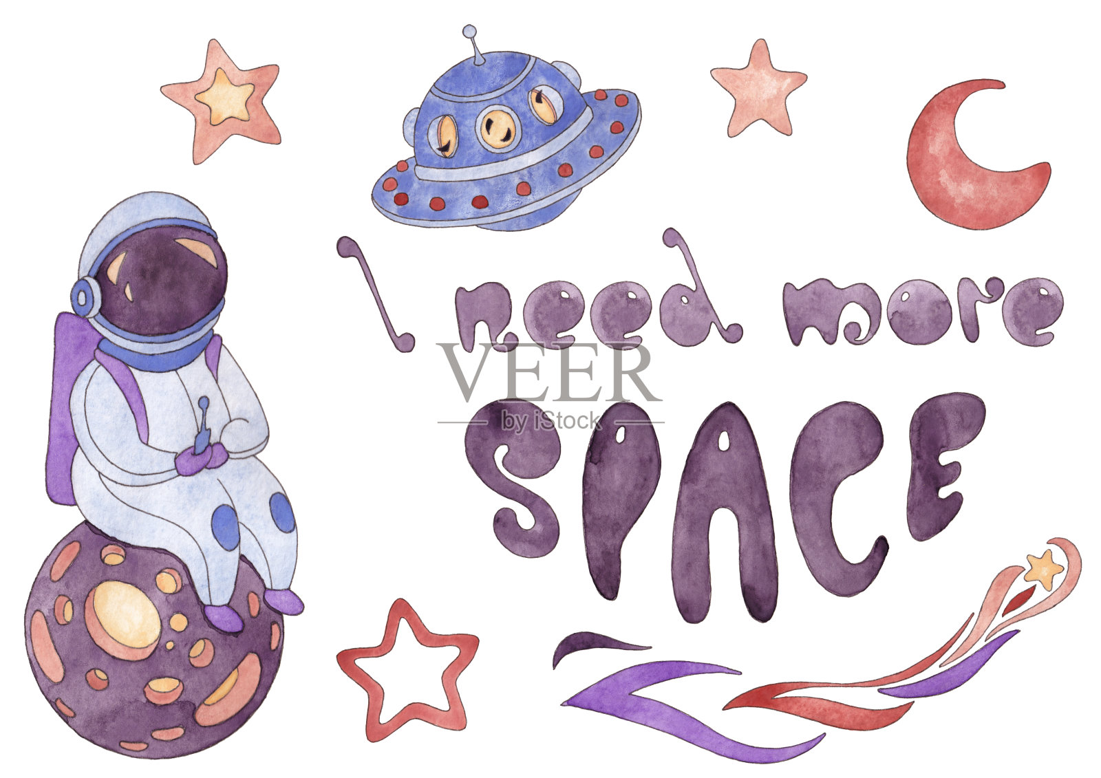 宇航员坐在行星上，飞碟，彗星，星星，月亮和字母“我需要更多的空间”插画图片素材