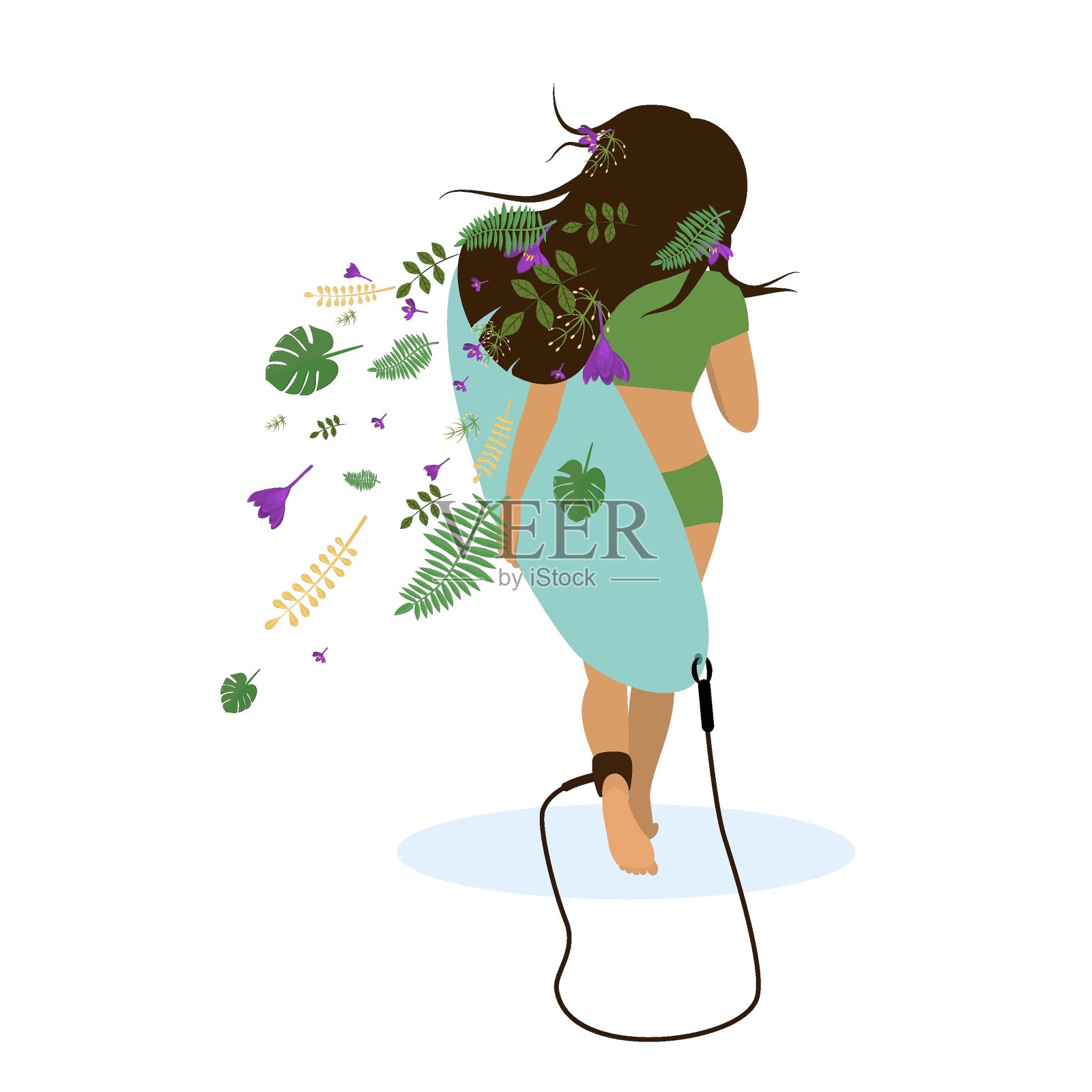 矢量插图的一个年轻的黑发女人与冲浪板在她的手，与鲜花和叶子掉出她的头发在风插画图片素材