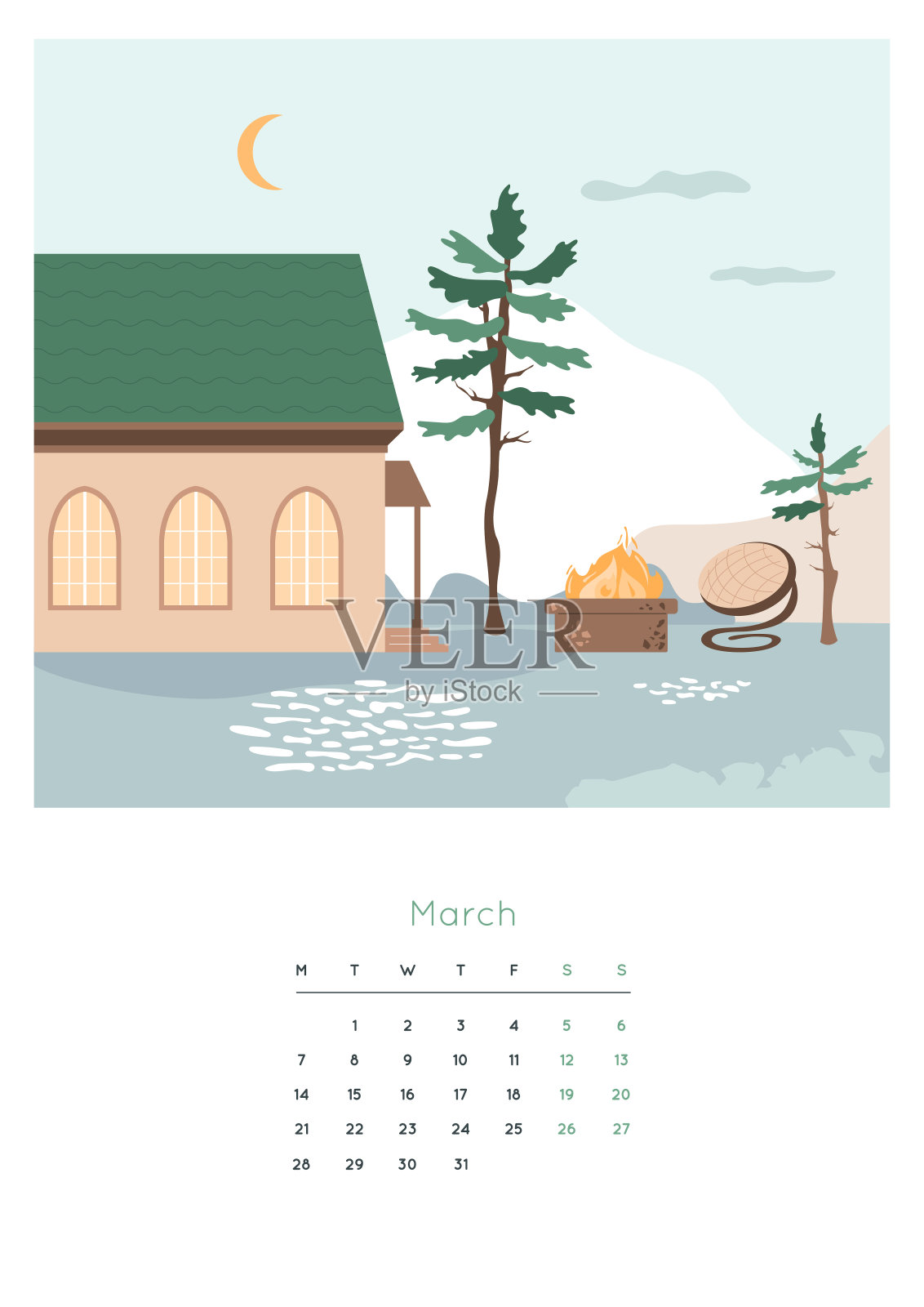 2022年日历。3月月分开页。设计模板素材