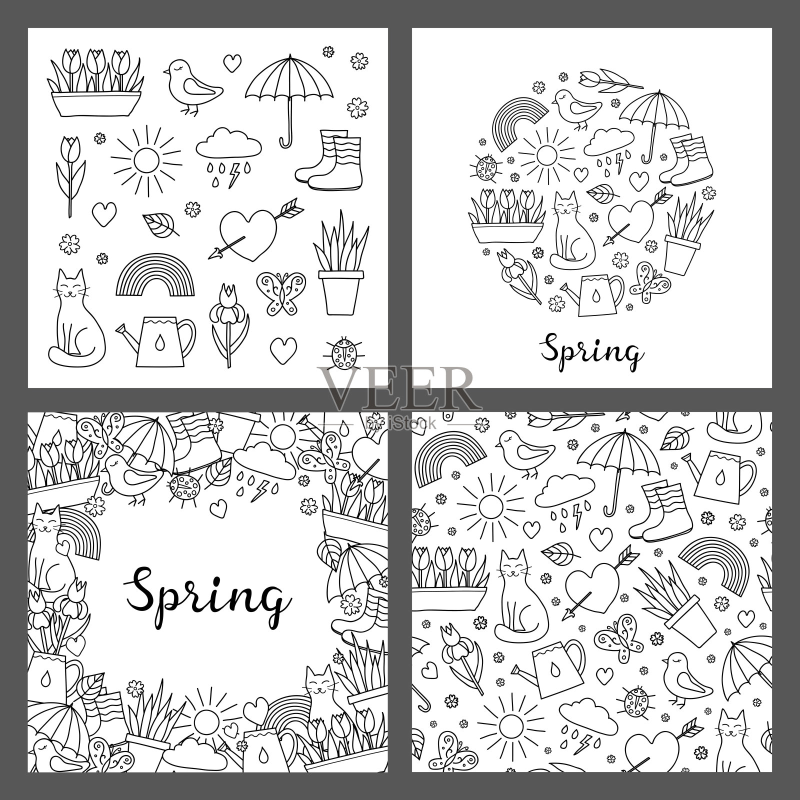 一套卡片与涂鸦季节性的春天图标。插画图片素材