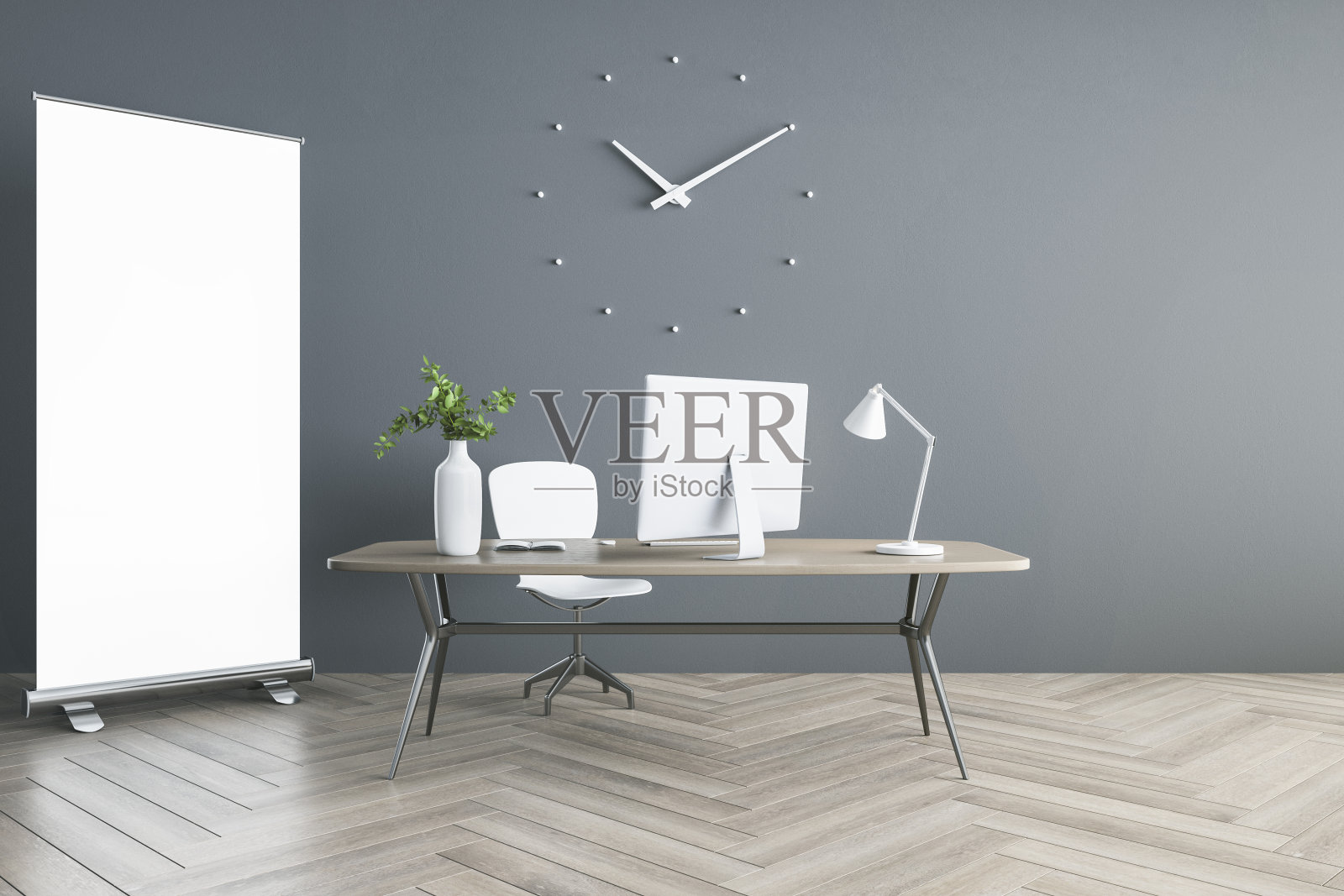 空白的白色地板站海报在现代办公室与木拼花，挂钟和时尚的家具。3 d渲染,模型照片摄影图片