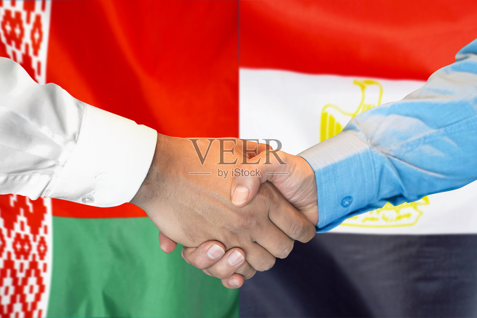 在白俄罗斯和埃及国旗背景下握手。支持的概念。照片摄影图片