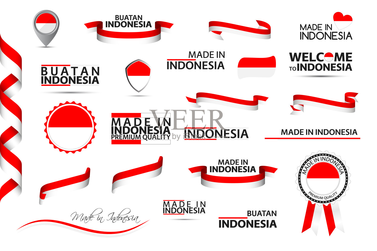 大向量组印度尼西亚丝带，符号，图标和旗帜孤立在白色的背景。印尼制造，优质，印尼国色。设置您的信息图和模板插画图片素材