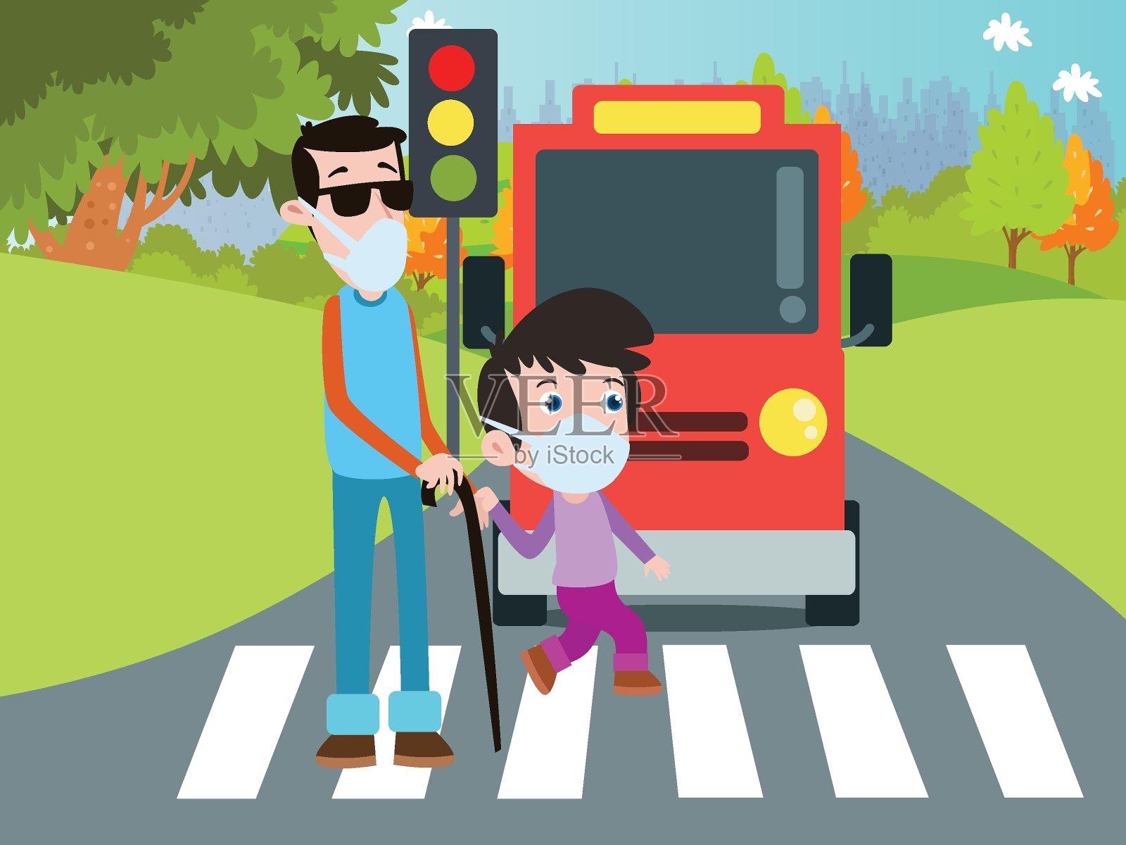 国际盲人节之帮助盲人过马路插画图片-千库网