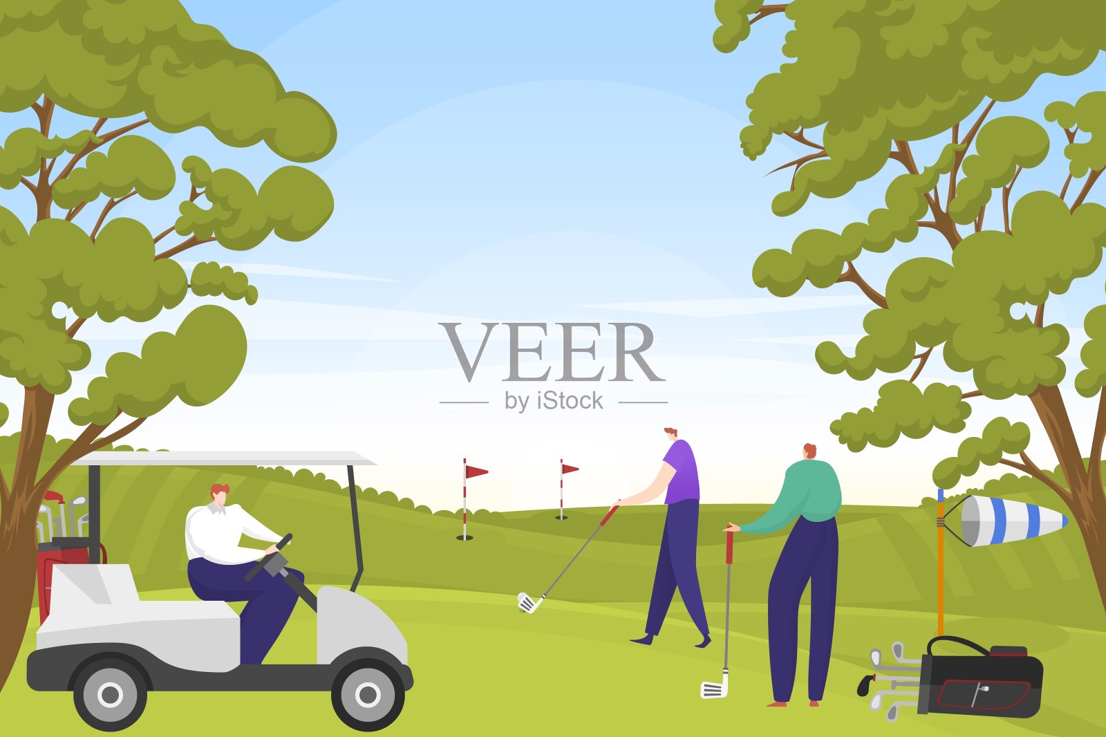 富娱乐的人们在绿地公园一起玩高尔夫游戏，体育活动男性打推杆洞平面矢量插图。插画图片素材