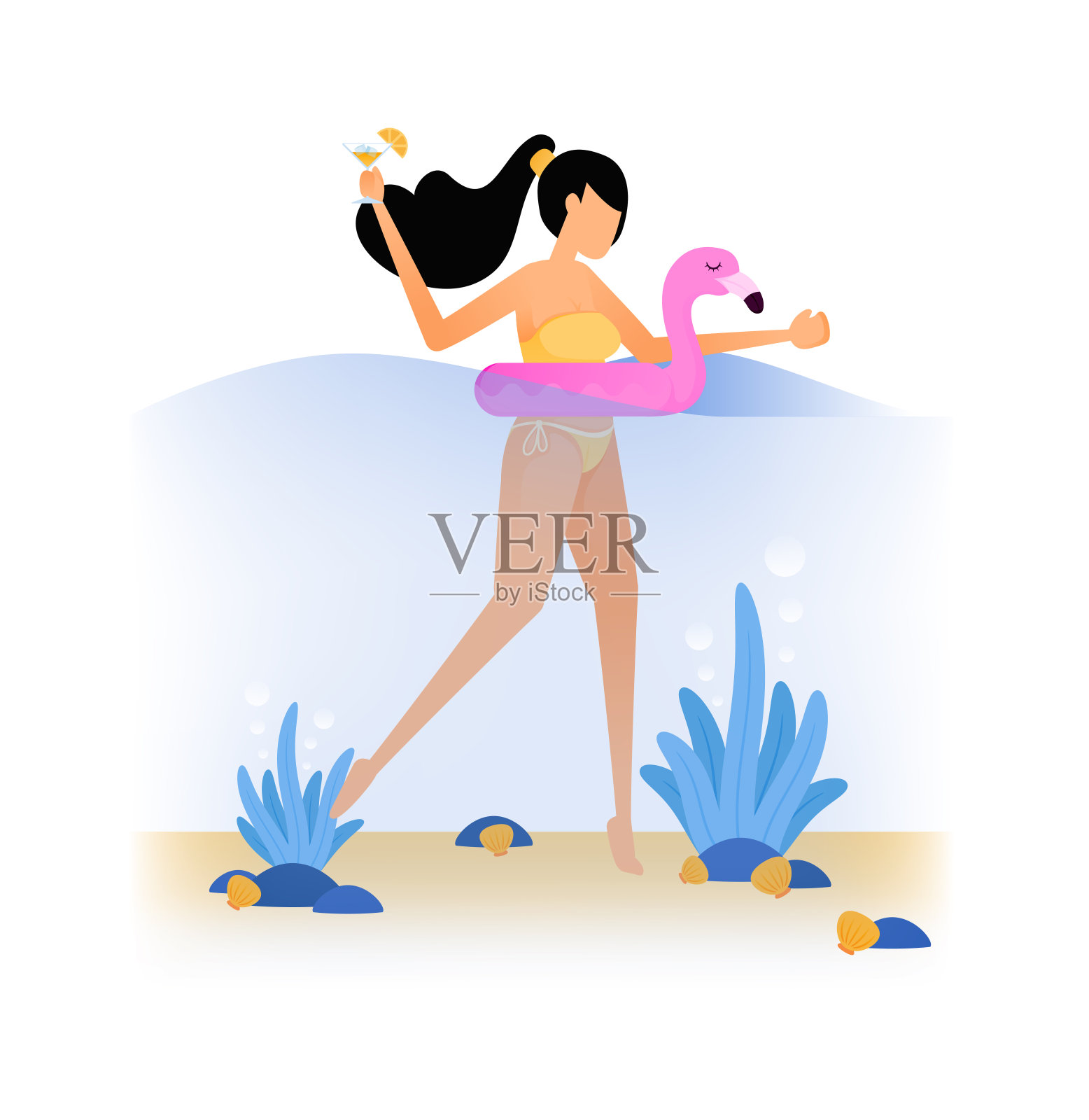 假日插图的女人游泳在海上使用粉红色火烈鸟浮动。试着去海滩度假。孤立设计的概念可以用于海报、横幅、广告、网站、网页、手机、营销插画图片素材