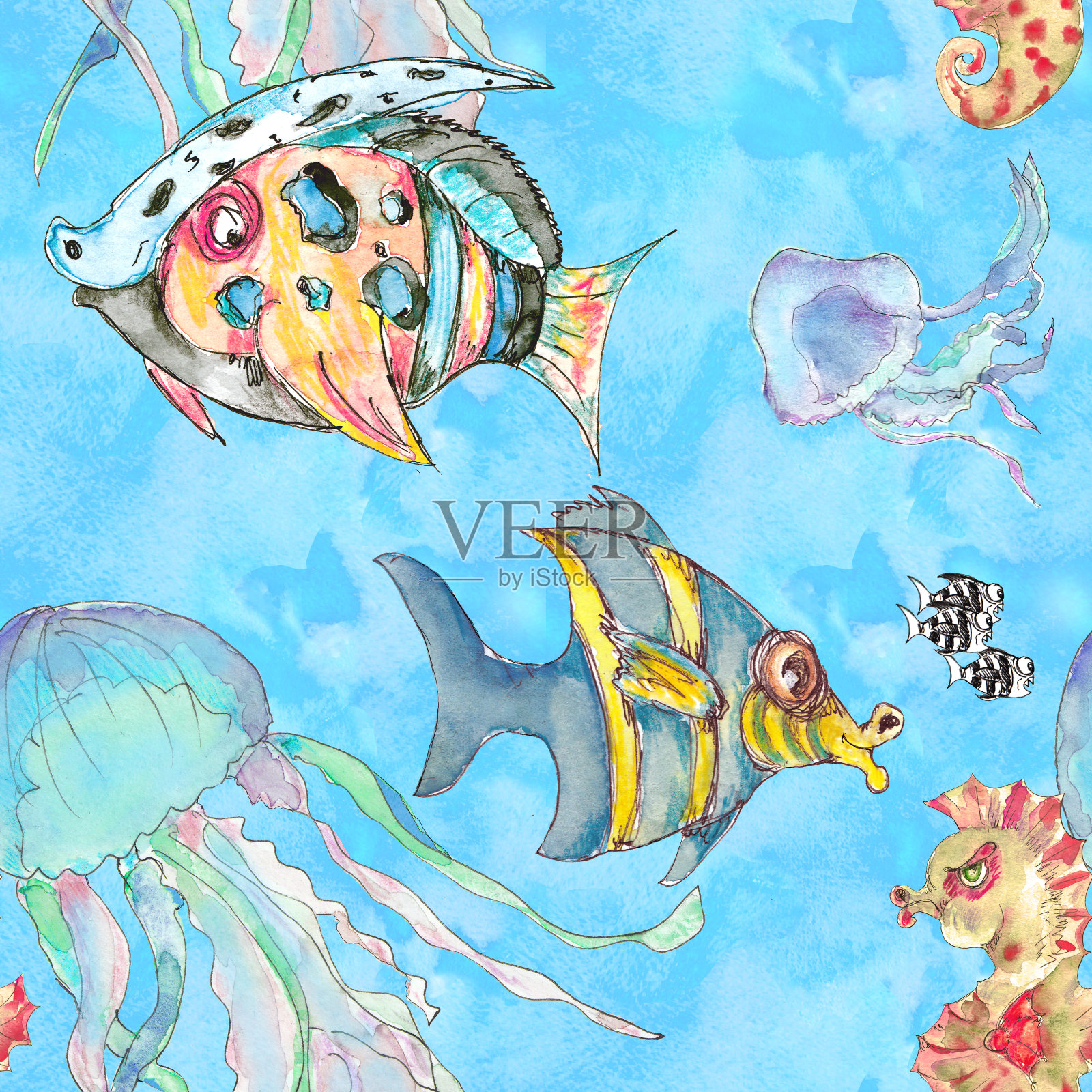 海底航海水彩印花装饰海洋生活复古风格无缝图案插画图片素材