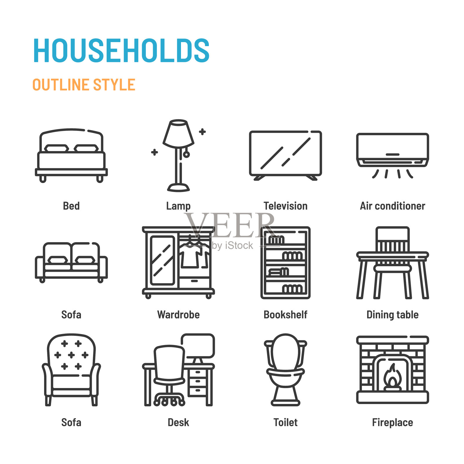 家居和家具的轮廓图标和插画图片素材