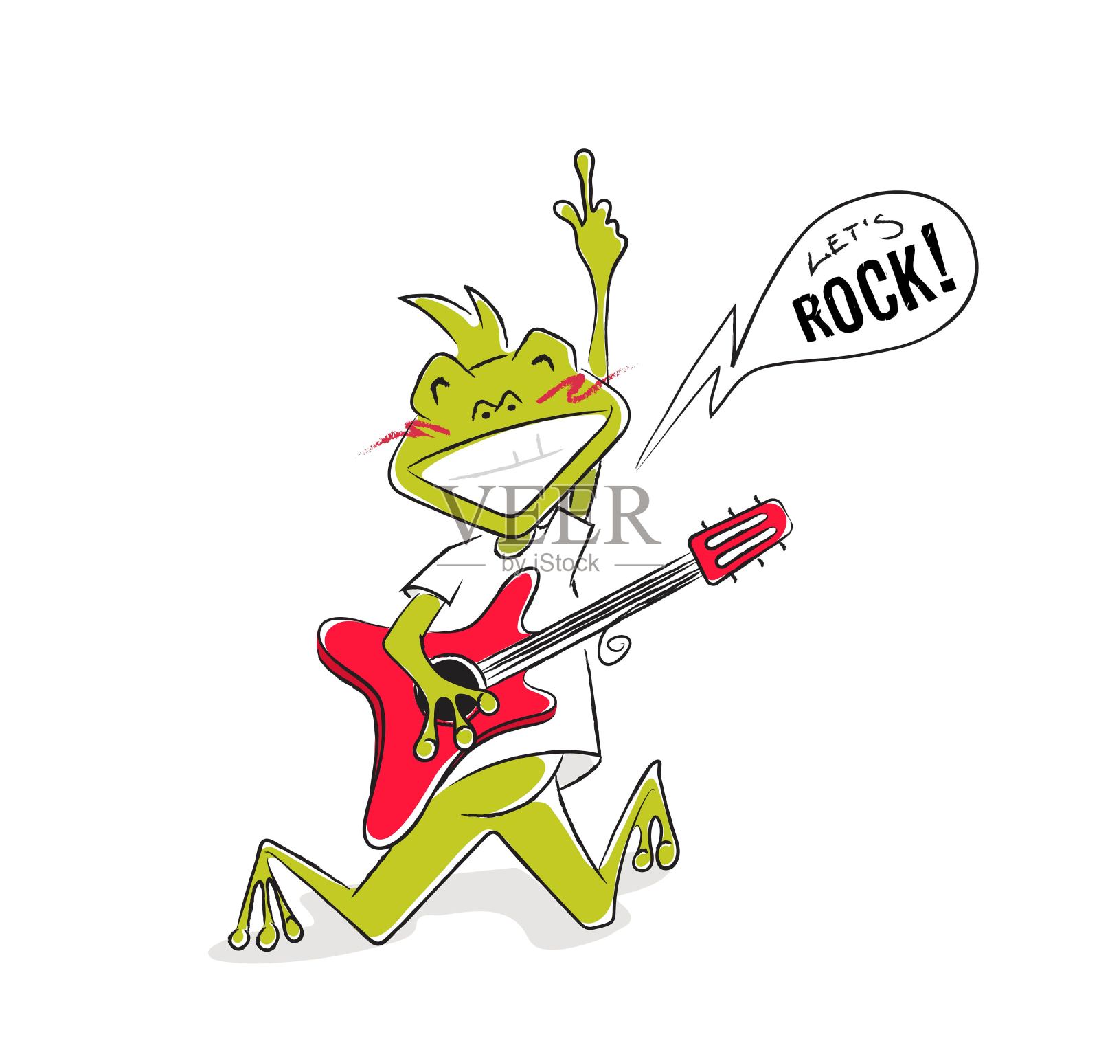 有趣的卡通摇滚明星青蛙和吉他。插画图片素材