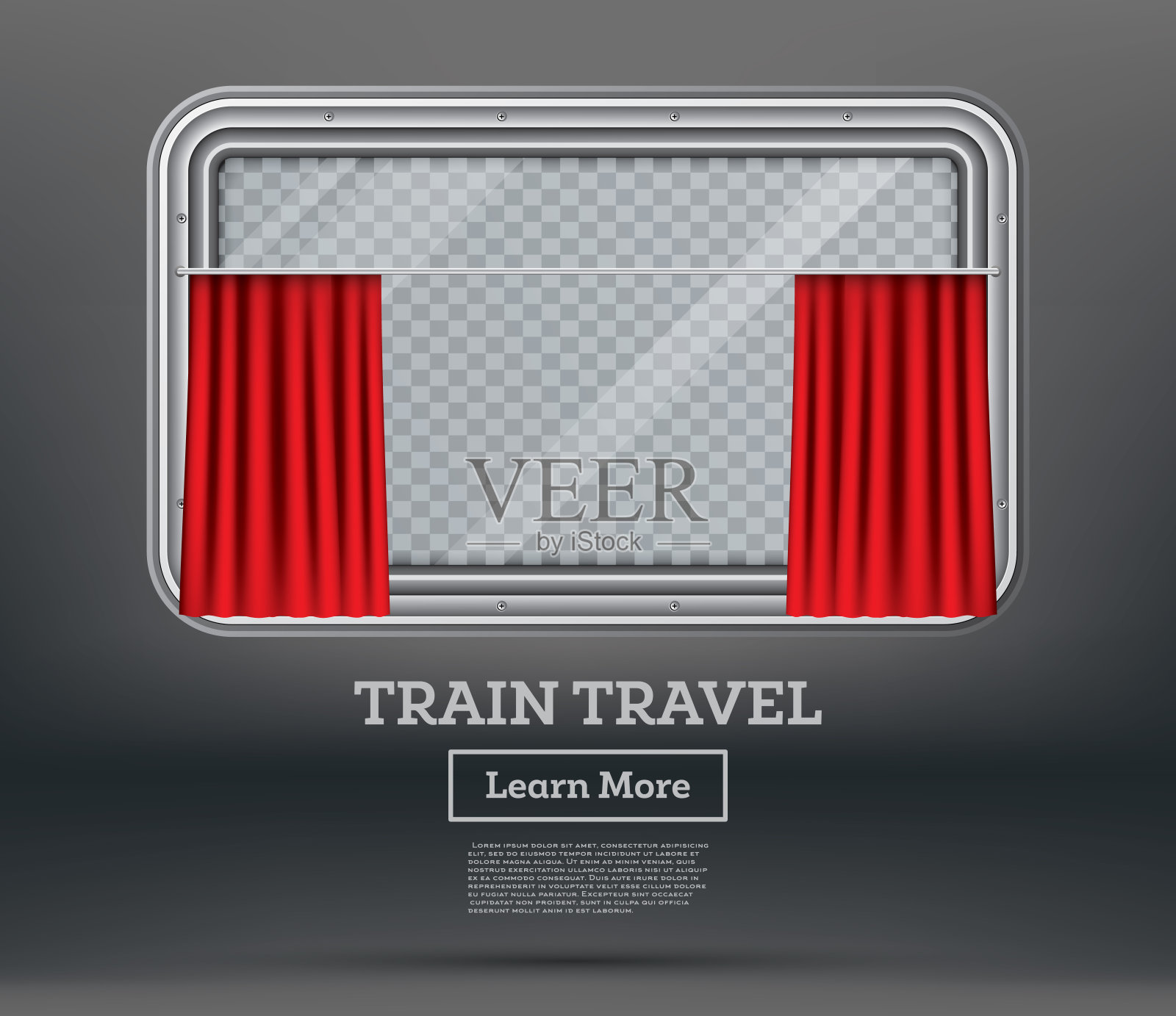火车窗户与红色窗帘和拷贝空间。坐火车旅行。插画图片素材