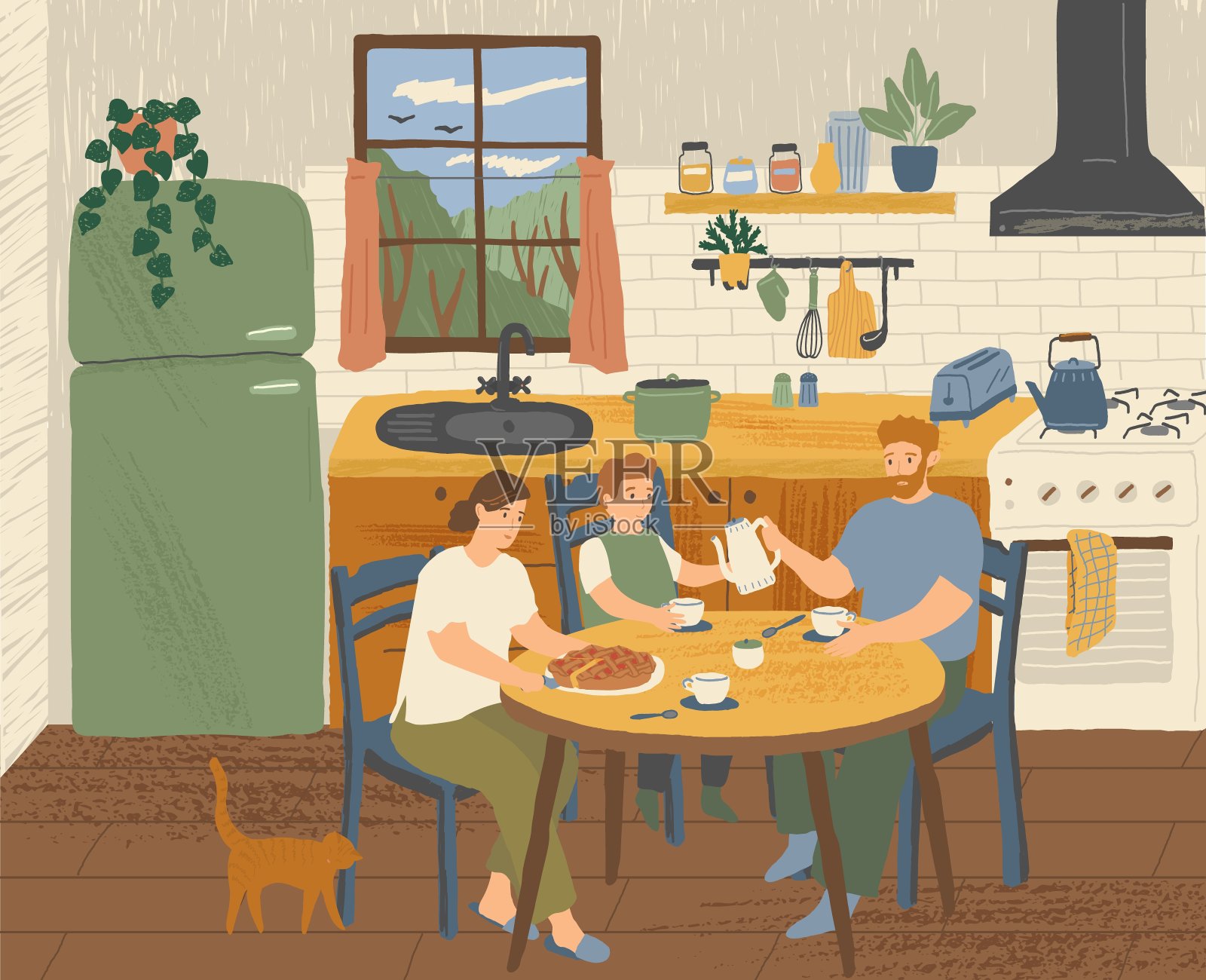 幸福的一家人在厨房里吃早餐。现代厨房室内手绘矢量插图。斯堪的纳维亚卡通风格的餐桌。舒适的hygge设计插画图片素材
