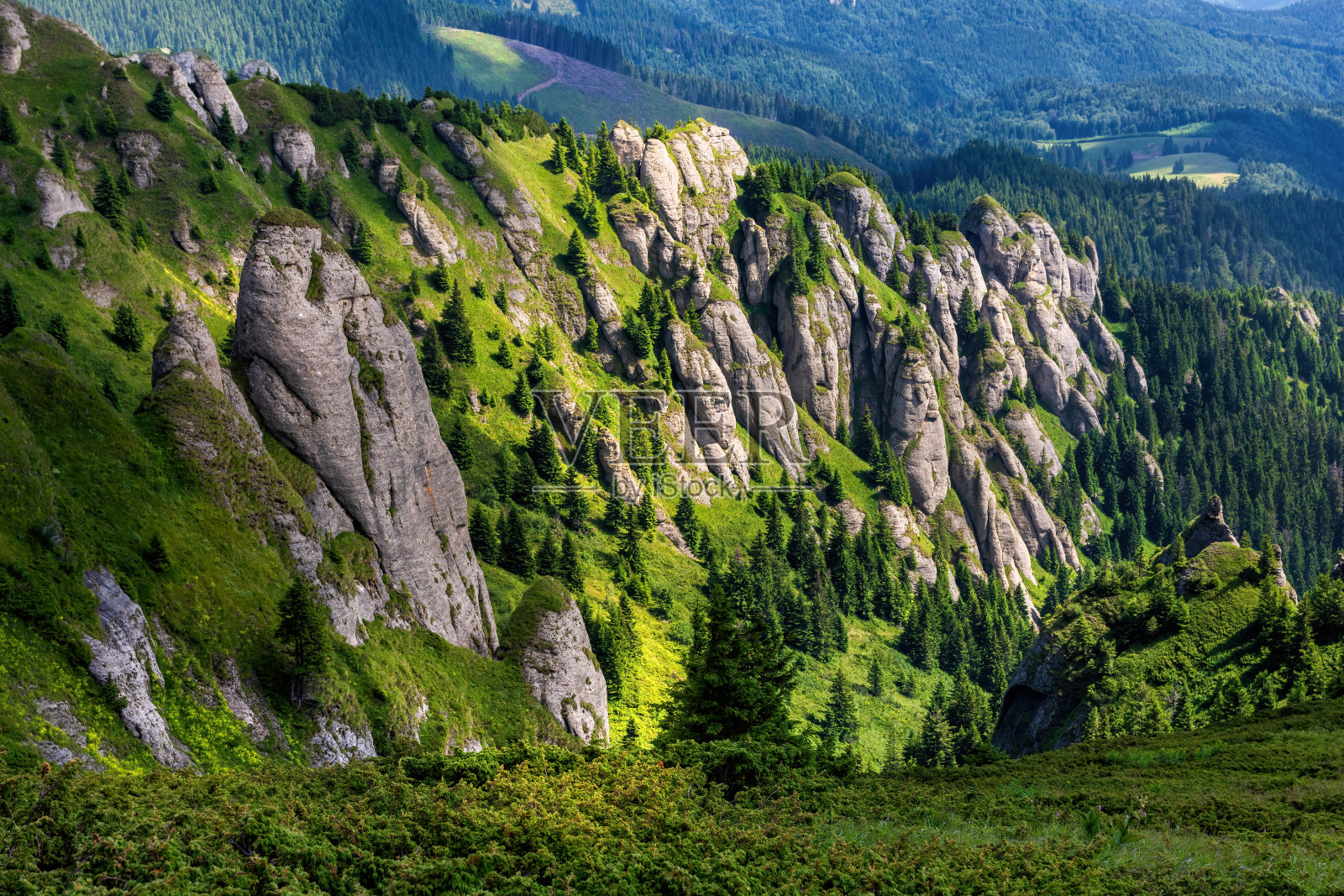 美丽的岩石山景观与绿色的草，Ciucas照片摄影图片
