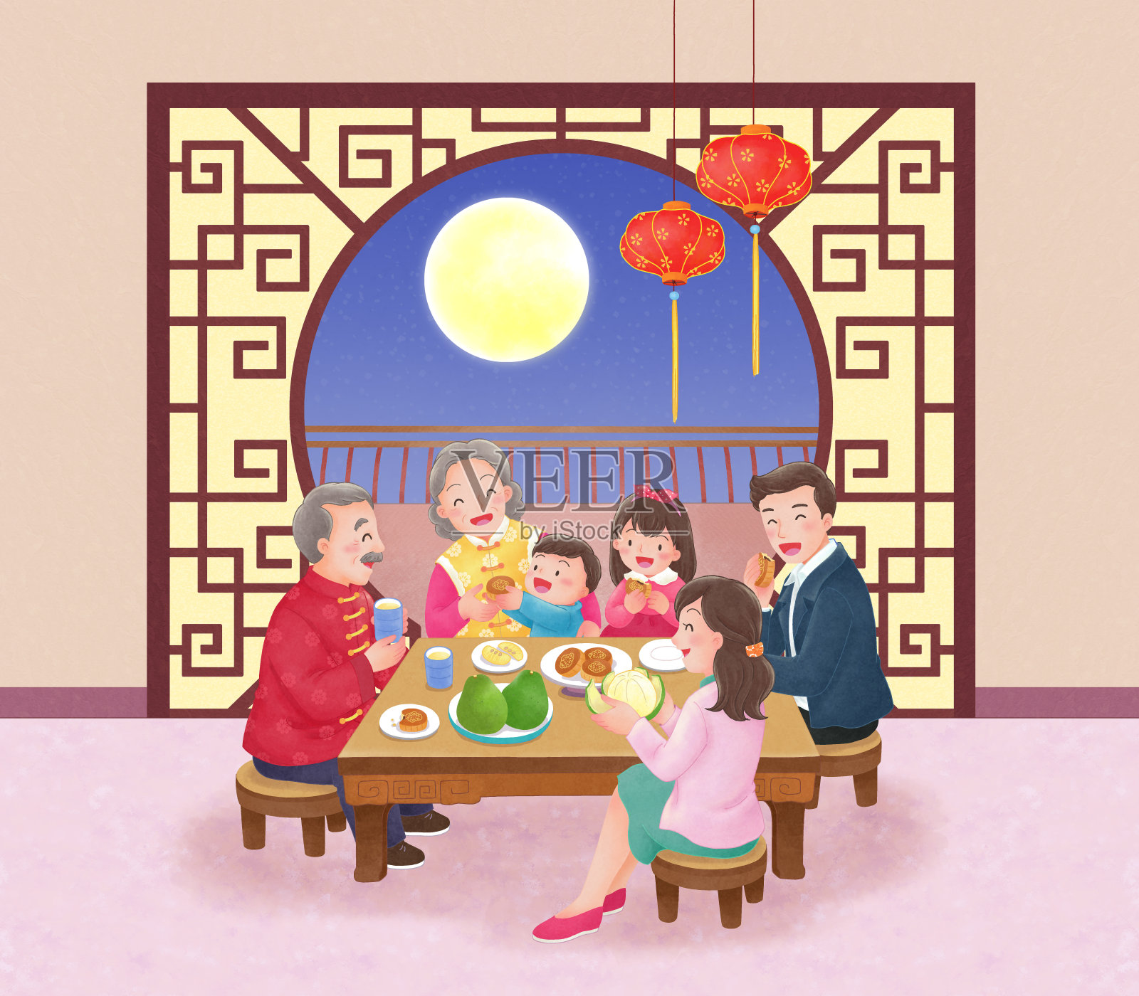 中秋节全家团圆景象，手绘风格插画插画图片素材