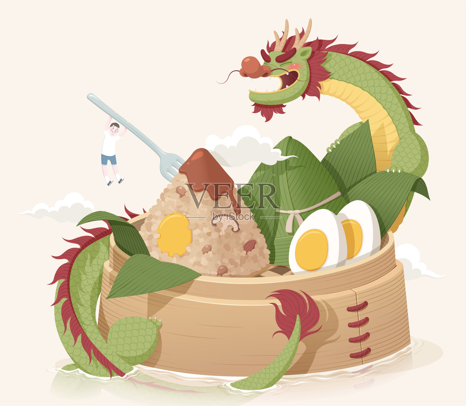 端午节攀附在肉粽旁的中国龙插图插画图片素材