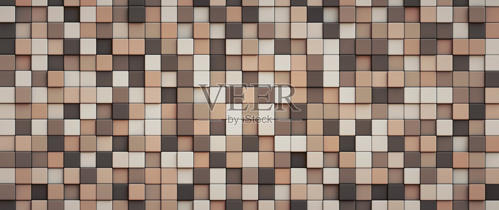 单色棕色格子图案背景的多色瓷砖，正面视图照片摄影图片