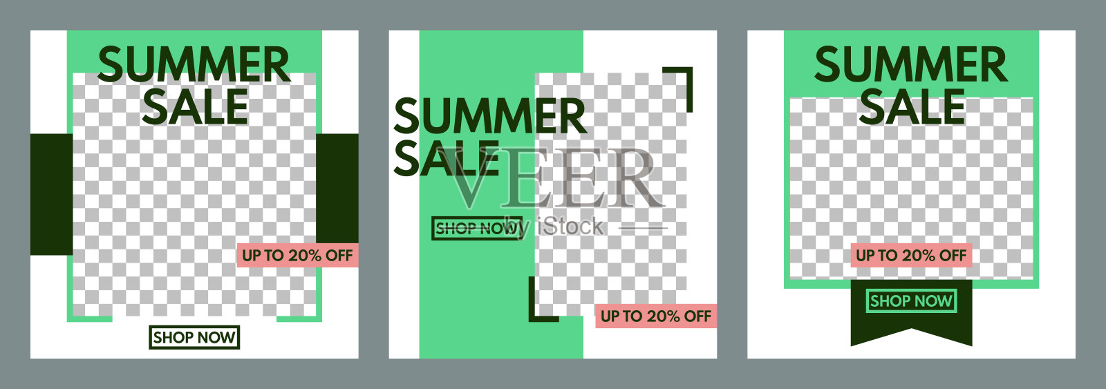 夏季销售，社交媒体贴向量模板集，浅绿色和深绿色的颜色设计模板素材