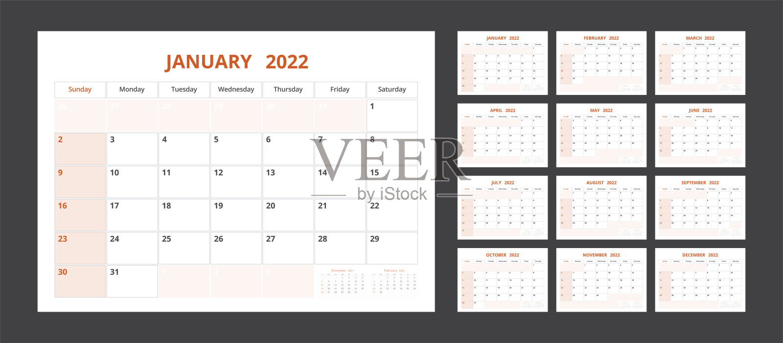 2022年模板企业设计周日历计划从周日开始。设计模板素材