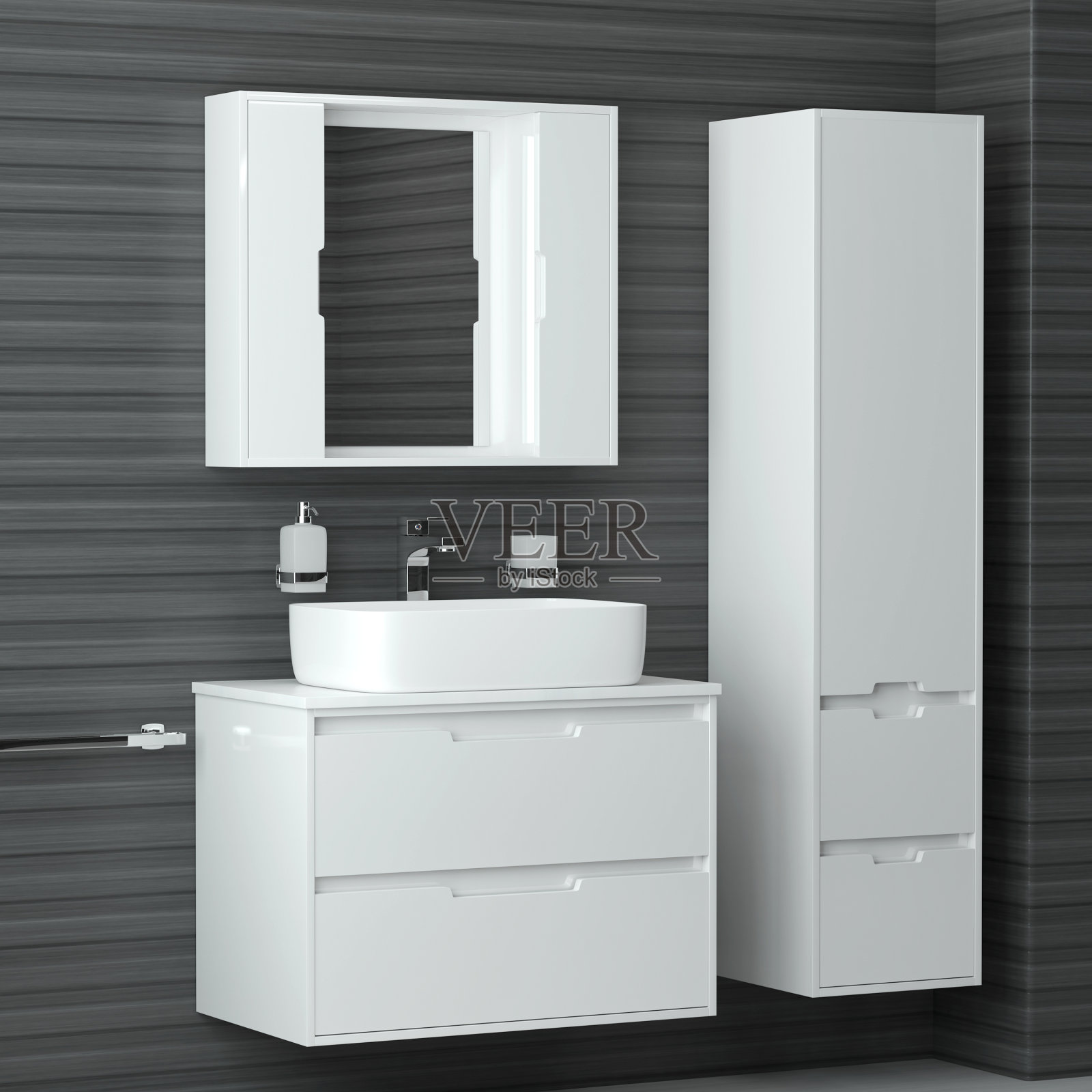 浴室内。现代白色设计的浴室与灰色的墙壁。3 d渲染图照片摄影图片