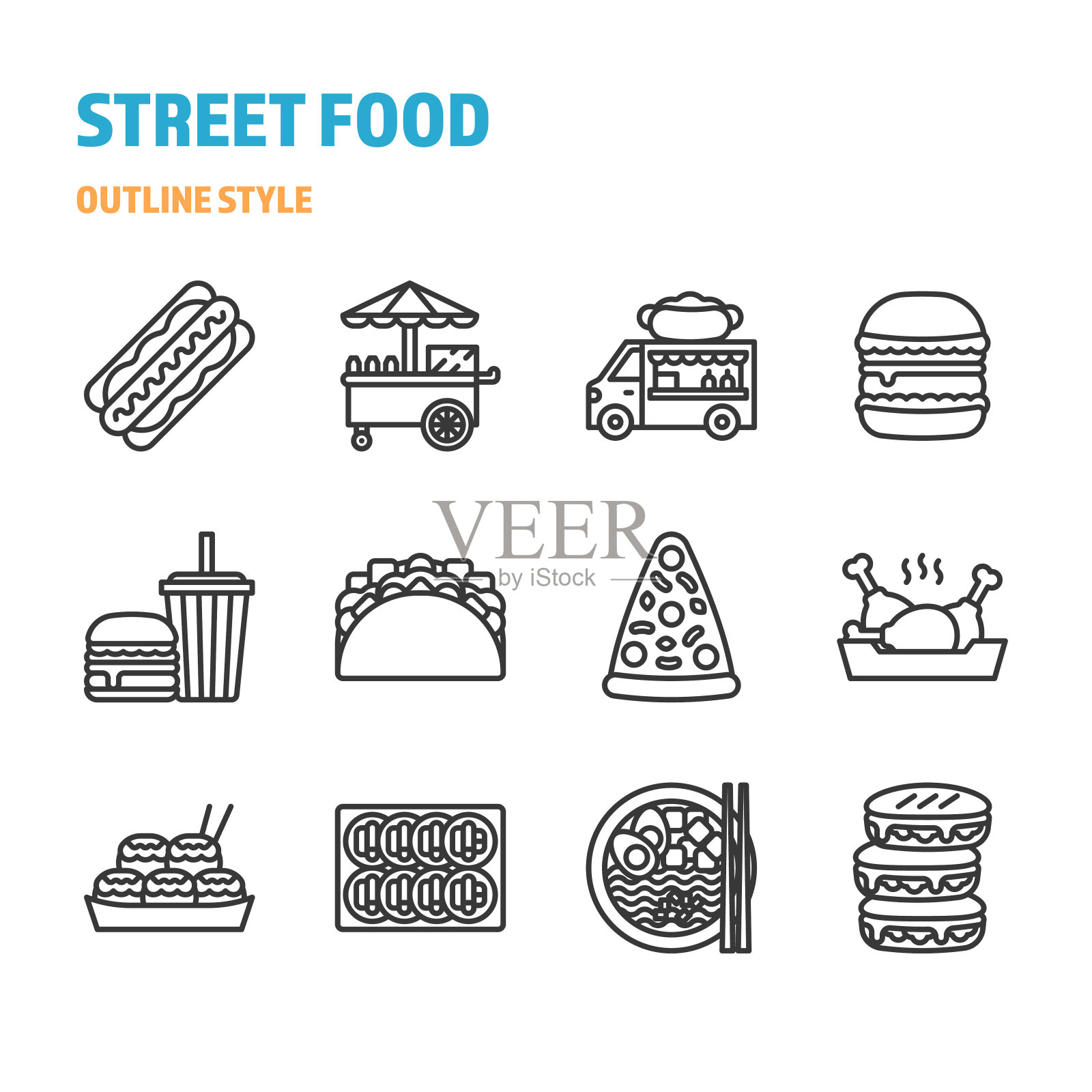 街头小吃的轮廓图标和符号集插画图片素材