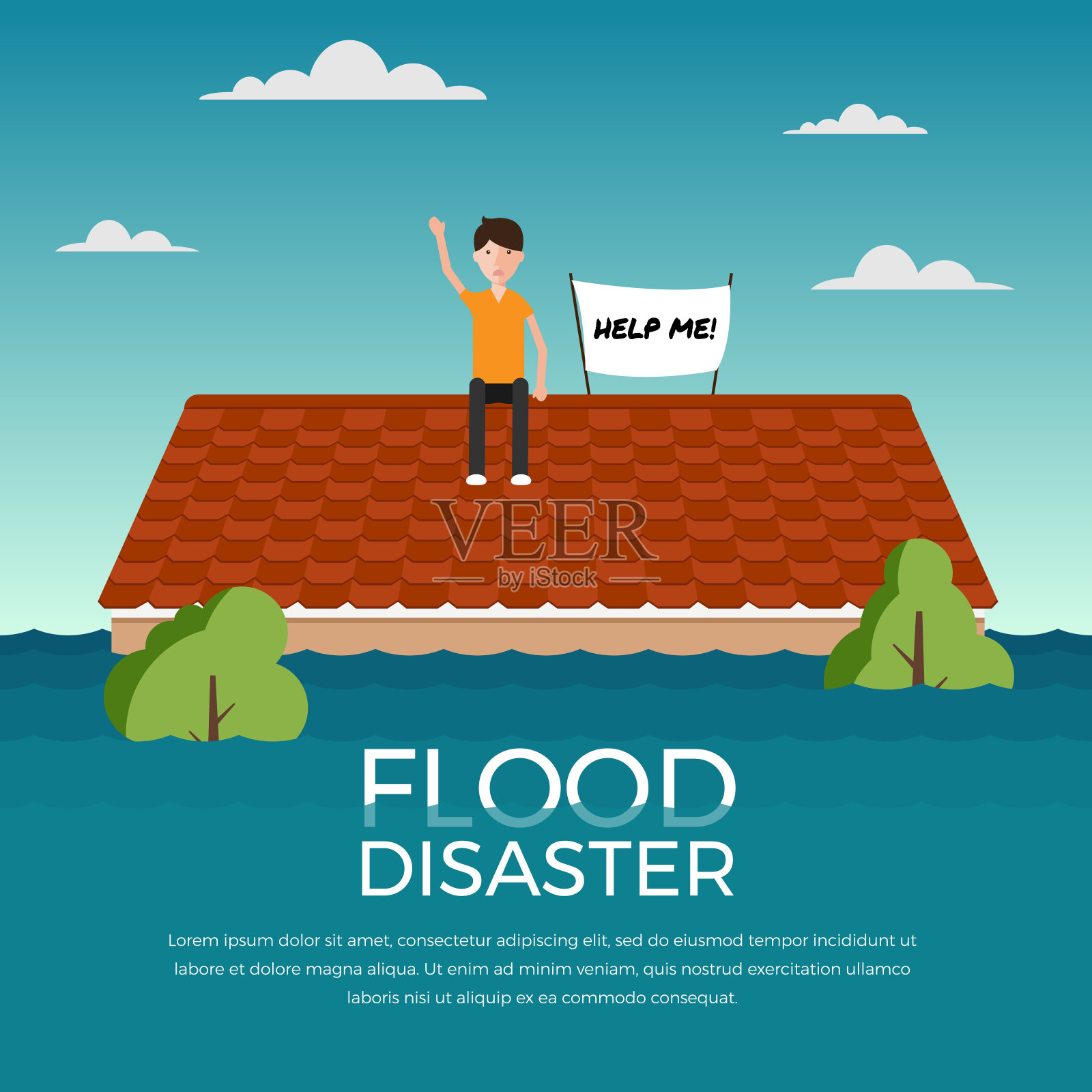 洪涝灾害与人类和帮助我的旗帜在屋顶的房子矢量设计插画图片素材