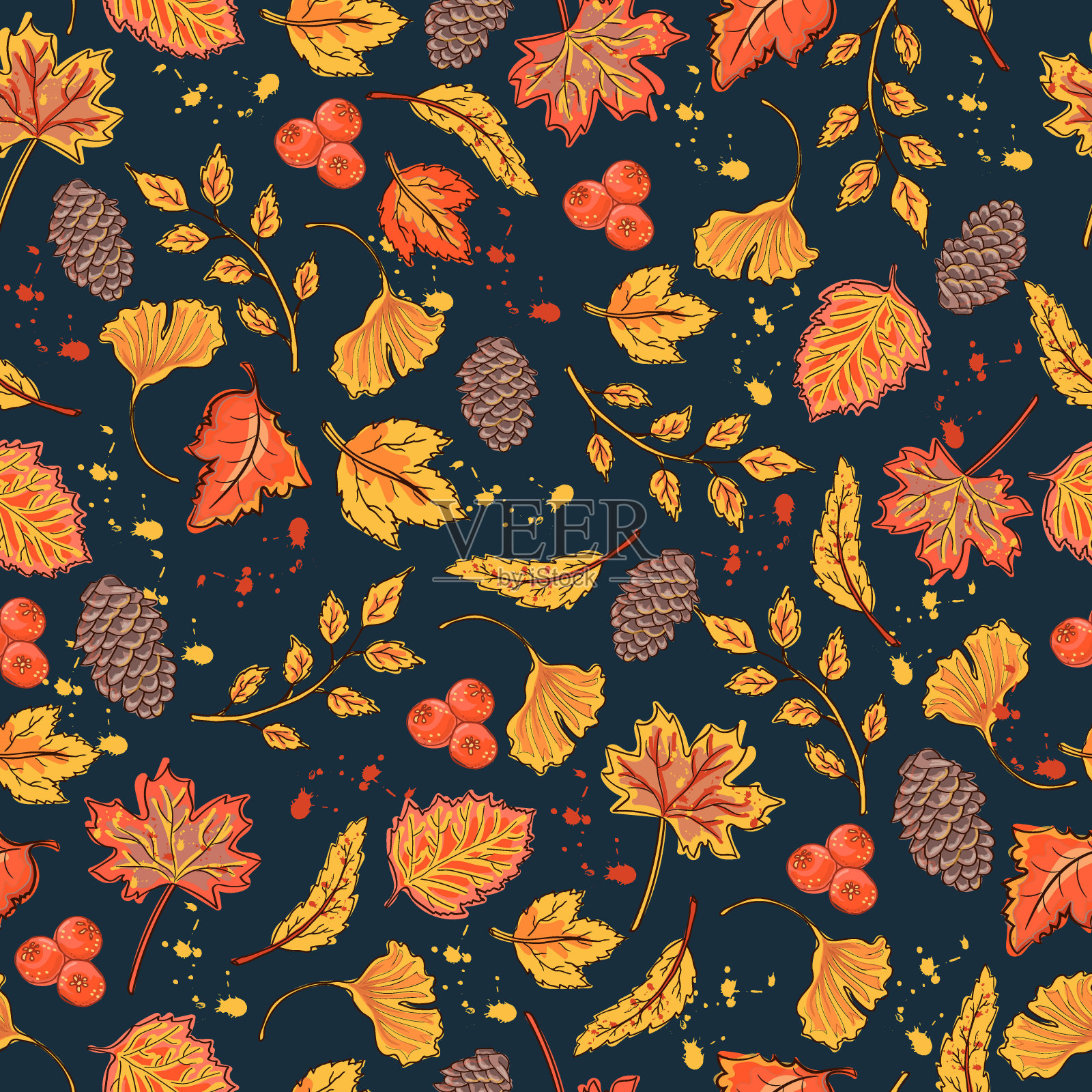 秋叶季节性无缝图案上深色背景插画图片素材