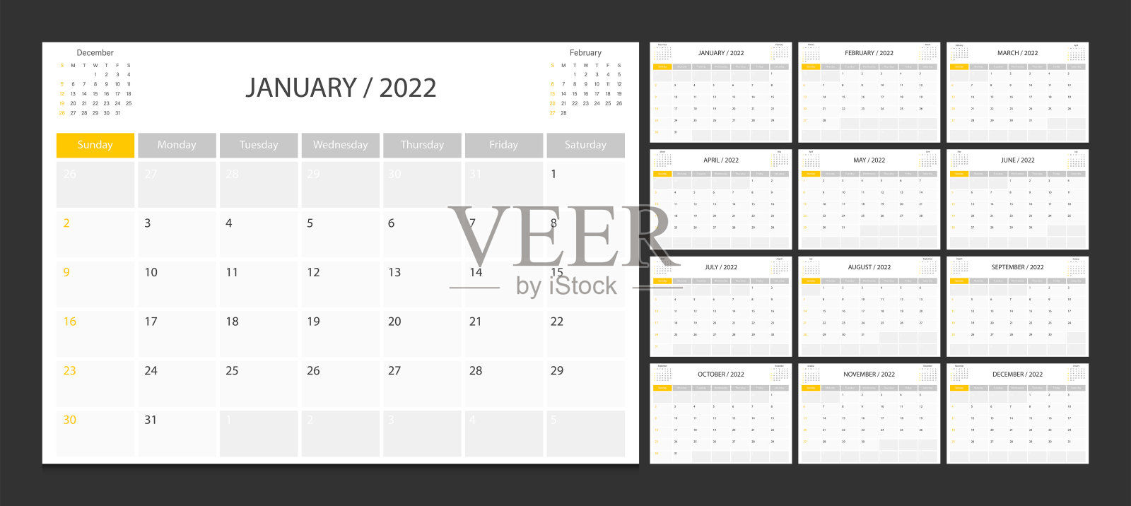 日历2022周开始周日企业设计规划师模板。设计模板素材