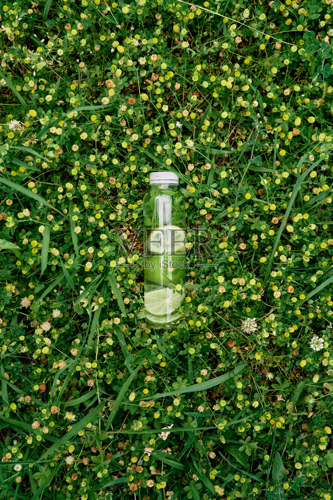 一瓶装着柠檬、酸橙和薄荷的水躺在野花丛中的青草上照片摄影图片