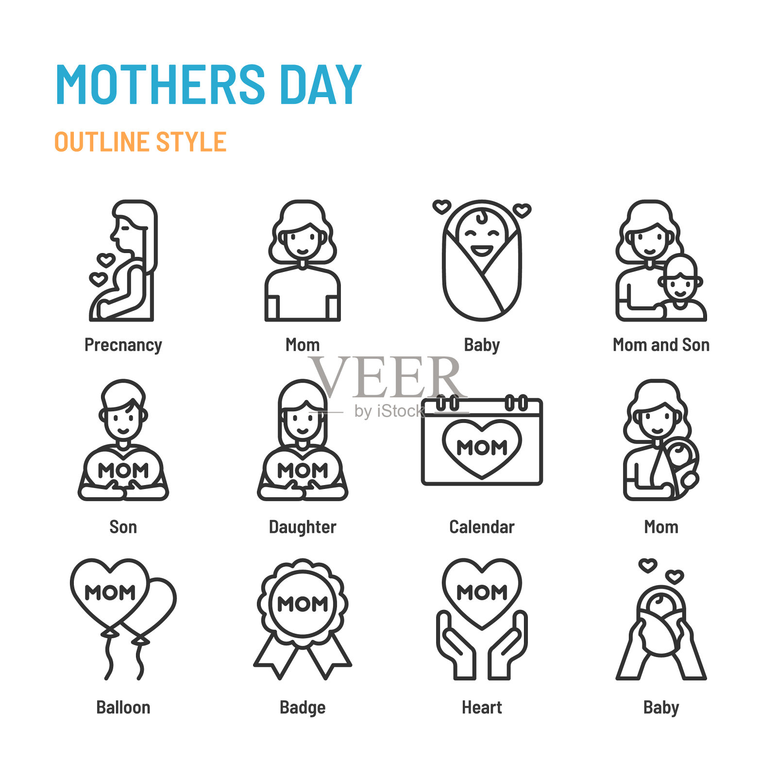 母亲节在大纲图标和象征集插画图片素材