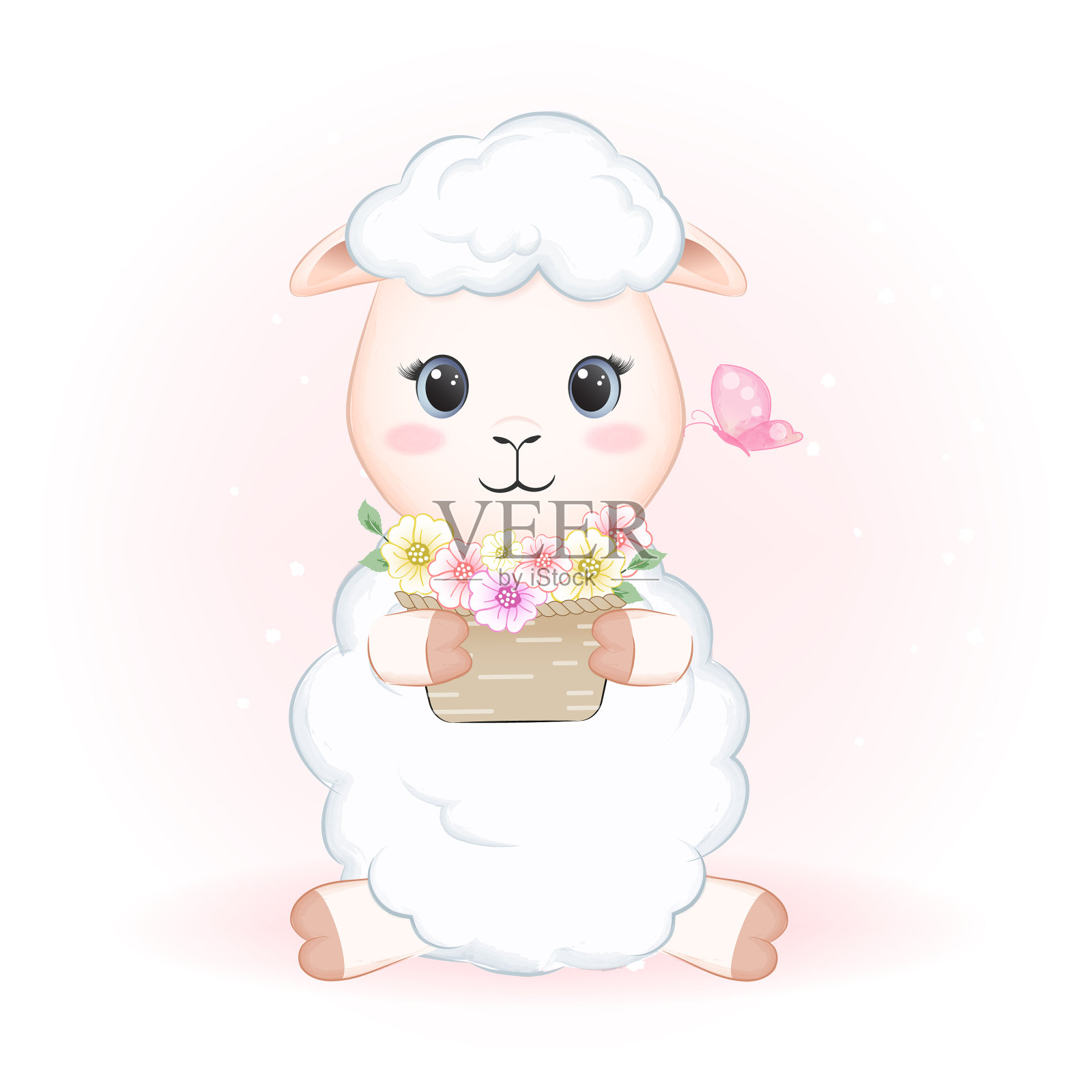 可爱的小绵羊和篮子里的花设计元素图片