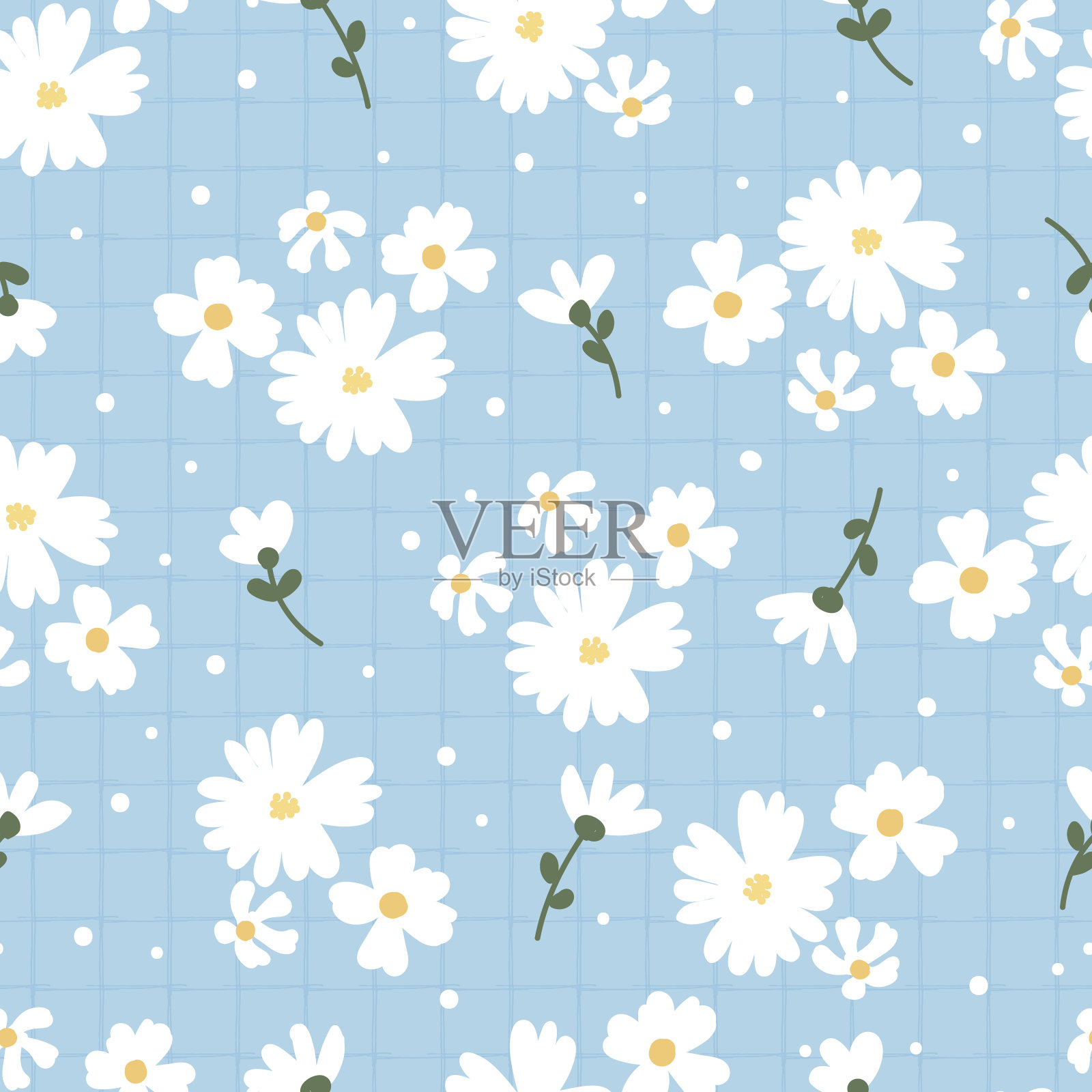 平式白色雏菊花在蓝色格子背景无缝图案插画图片素材