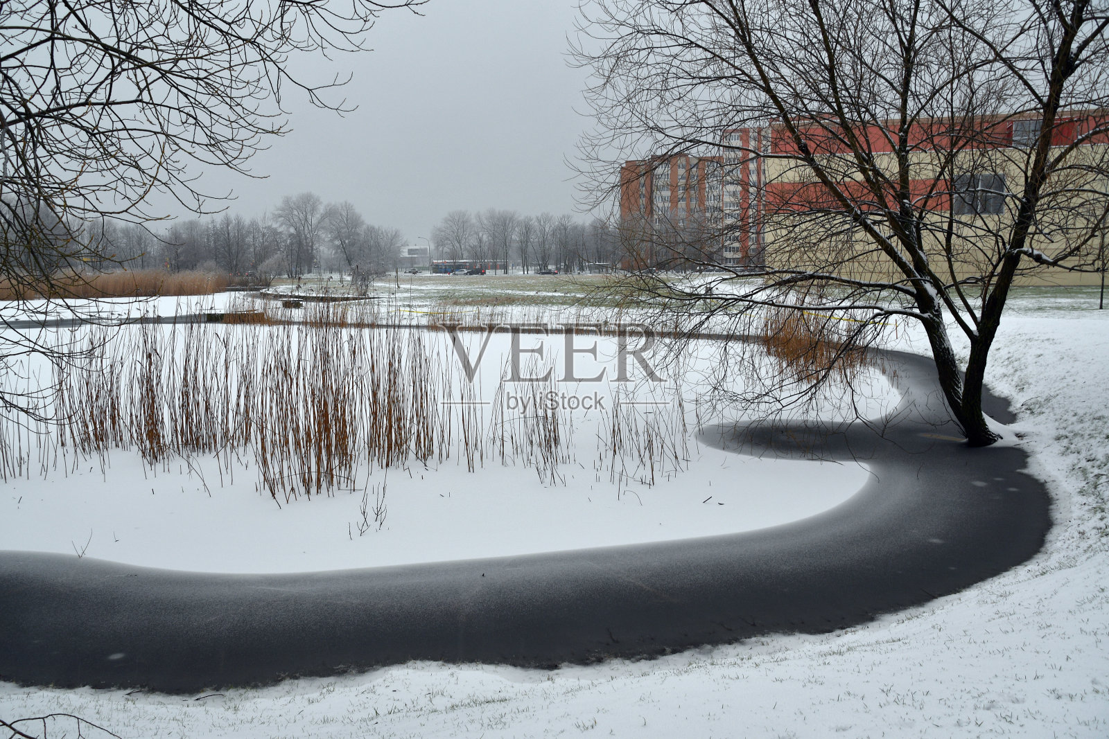城市景观与湖泊在冬天。克莱佩达港,立陶宛照片摄影图片