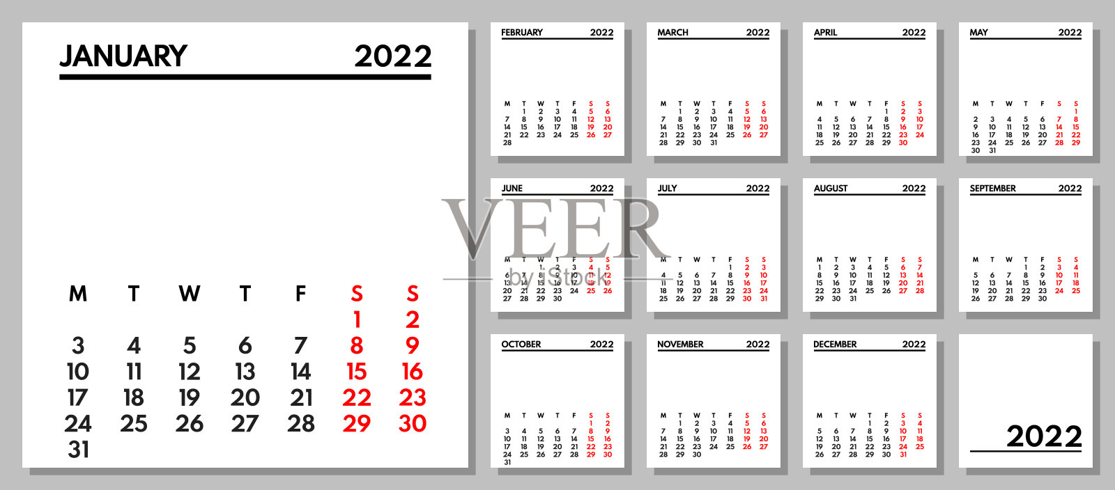 2022年全年每月办公室计划表或挂历，周一第一，两个周末设计模板素材