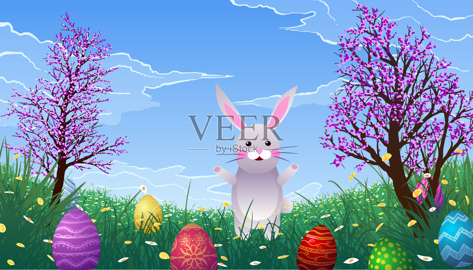兔子与复活节彩蛋的背景开花的树插画图片素材
