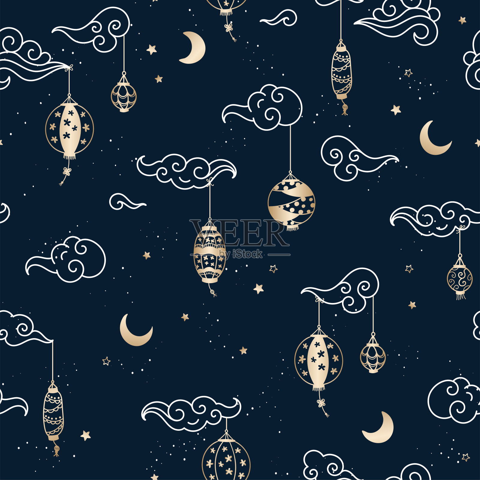 可爱的手绘灯笼挂在天空，无缝的图案，中国的云，月亮和星星，伟大的背景，墙纸，包装，纺织品-矢量设计插画图片素材