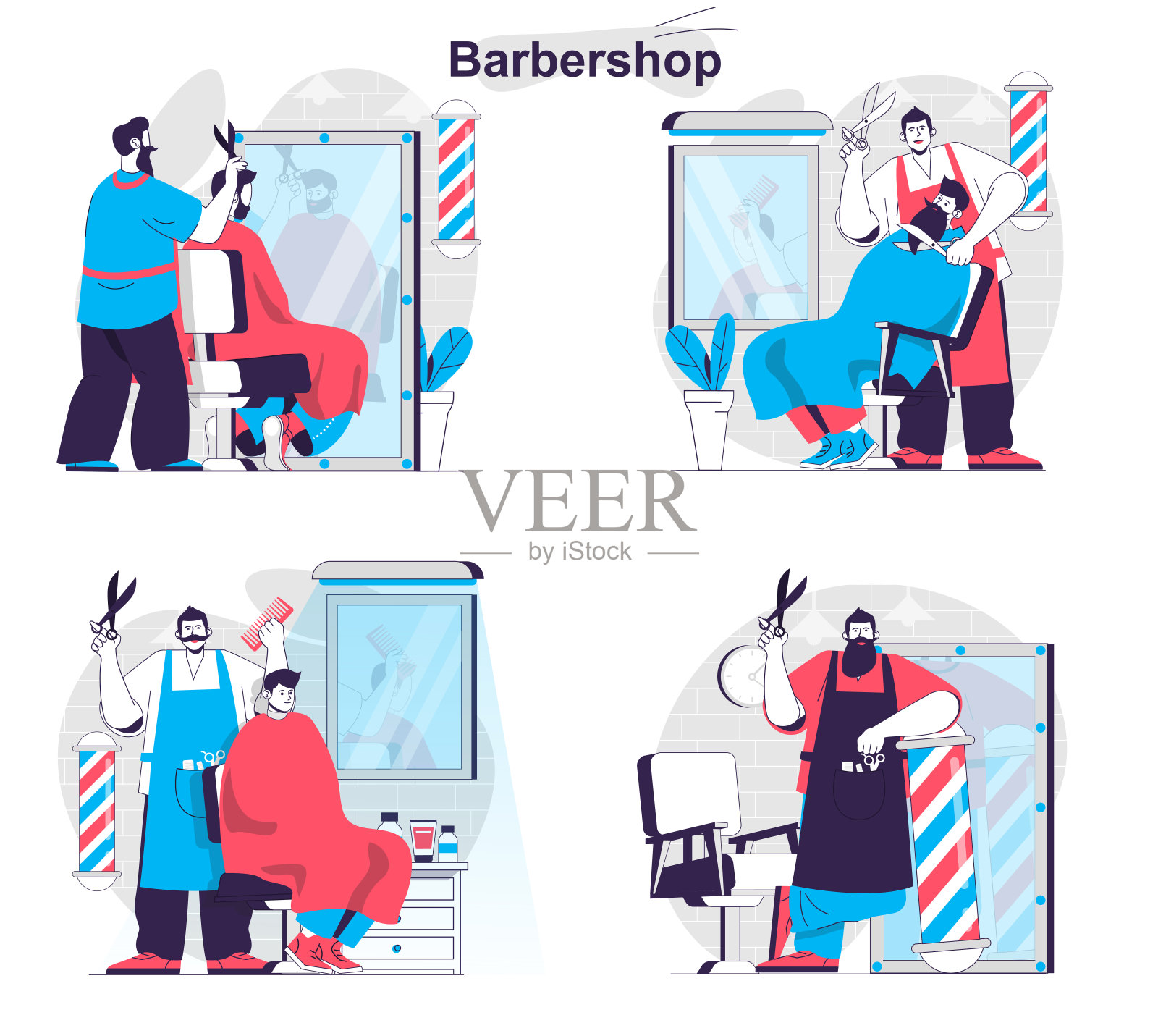 理发店概念集。美发师给男人理发，刮胡子，照顾胡子。人们在平面设计中孤立场景。矢量插图博客，网站，移动应用程序，宣传材料。插画图片素材