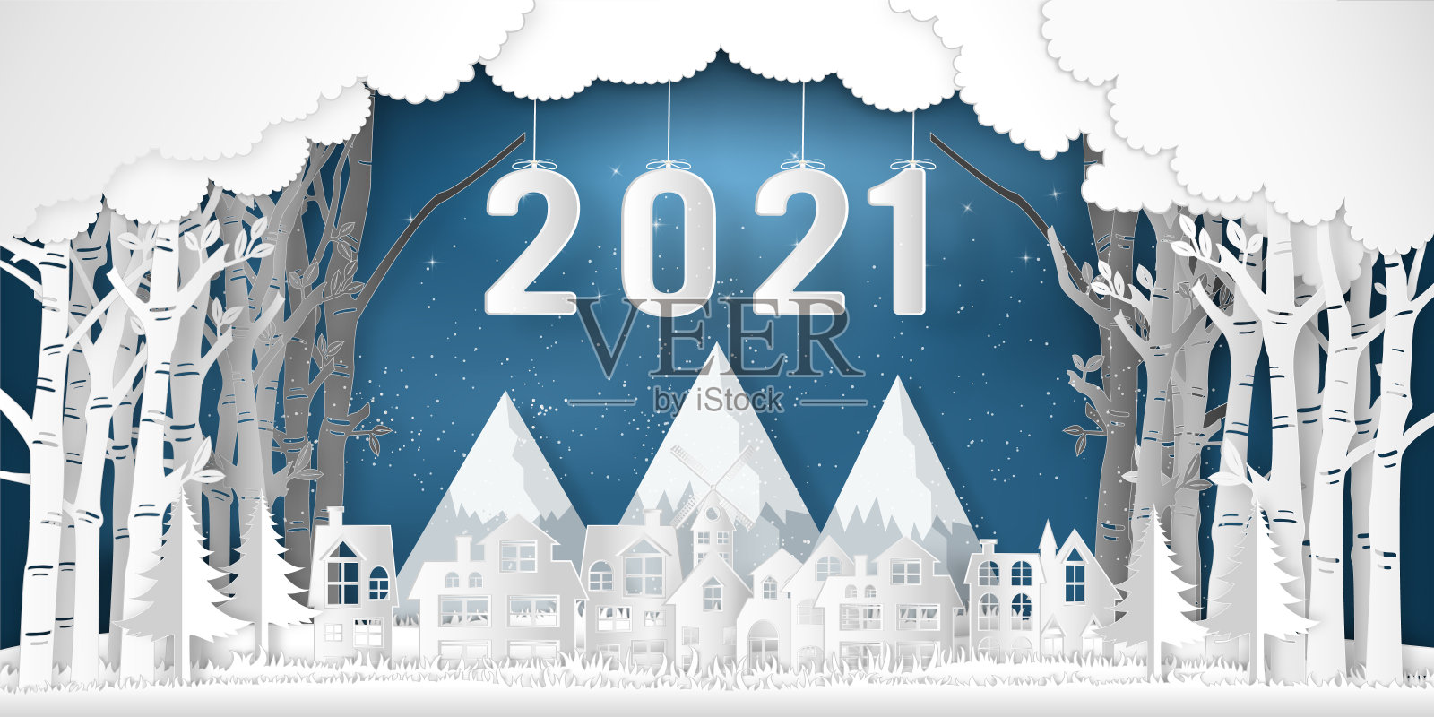 2021年的纸艺术和剪纸在冬季与树木，森林和雪村在蓝天上的2021年快乐的新年和数字工艺风格的概念。矢量图插画图片素材