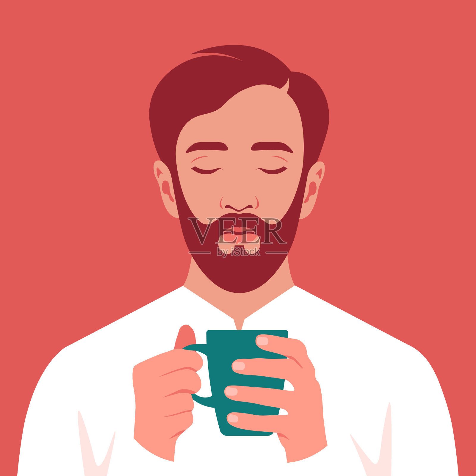 一个困倦的男人手里拿着一杯咖啡。一个过度工作的自由职业者。插画图片素材