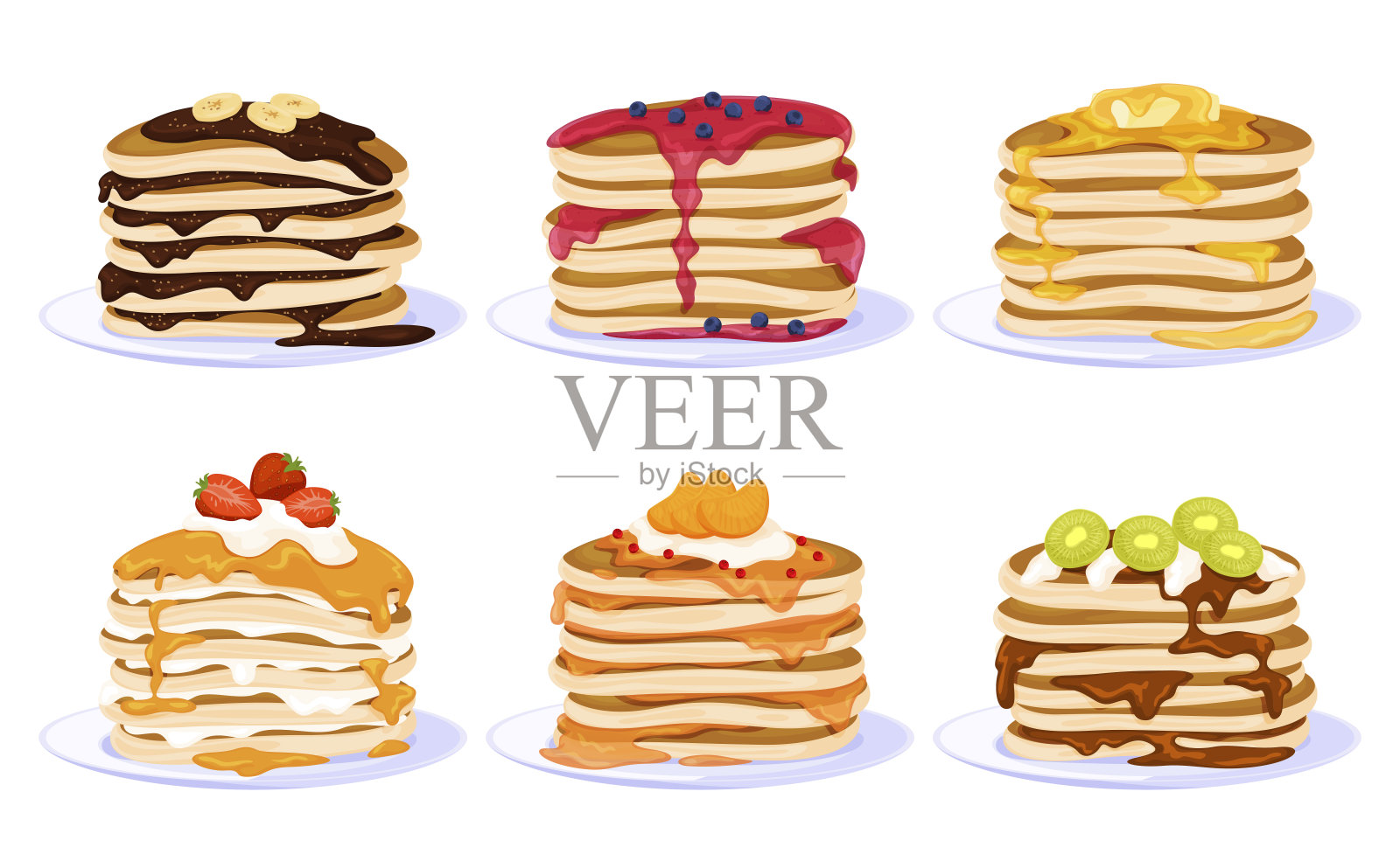 集煎饼馅果酱、浆果和水果矢量平甜可口的甜点食品插画图片素材