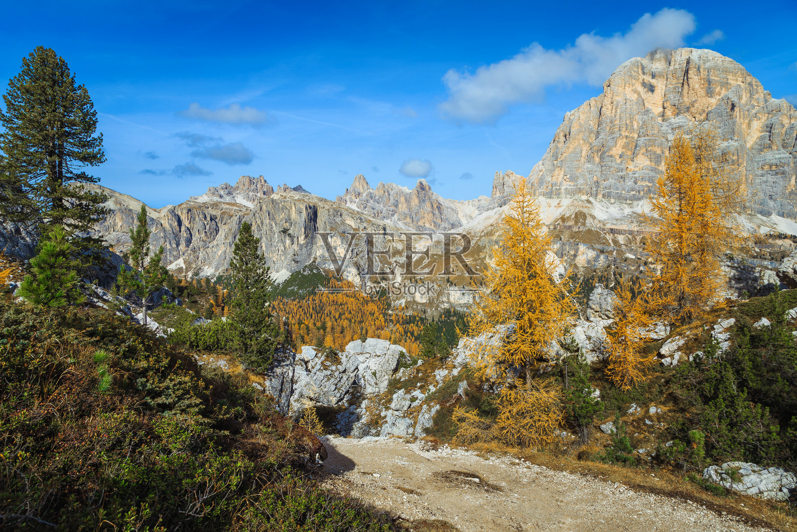 阿尔卑斯山的地方和秋天的风景与五颜六色的落叶松，白云石，意大利照片摄影图片