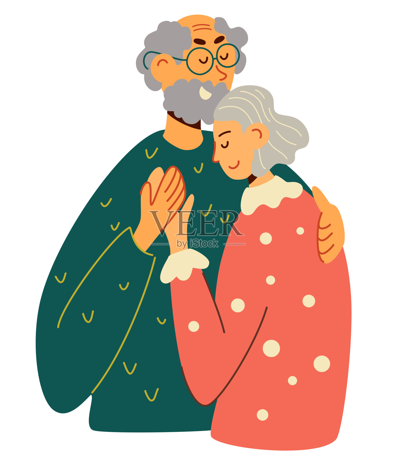 老人和女人拥抱在一起。一对老夫妻深情相拥。退休的老夫妇微笑关怀的老夫妇。快乐的祖父母互相照顾。向量设计元素图片