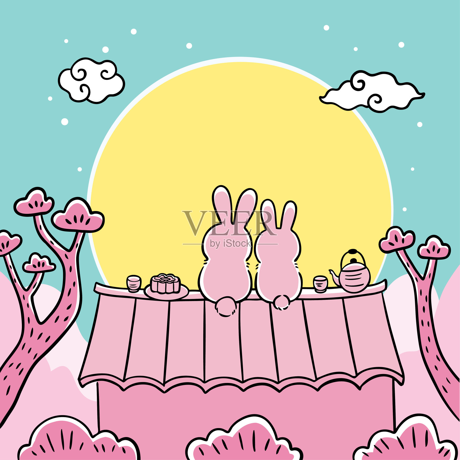 手绘卡通可爱的中秋节小白兔和月亮矢量。插画图片素材