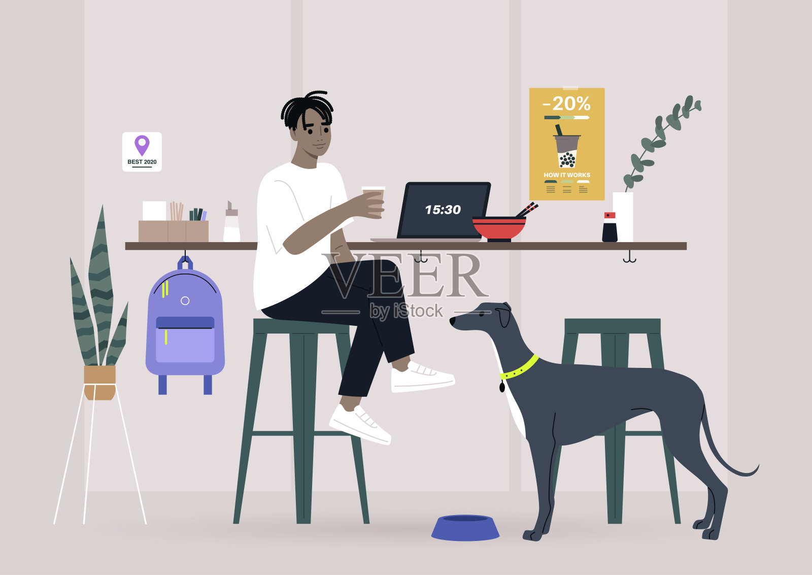一个黑人男性自由职业者和他们的宠物在一个狗友好的咖啡馆吃午餐，柜台有酒吧凳子插画图片素材